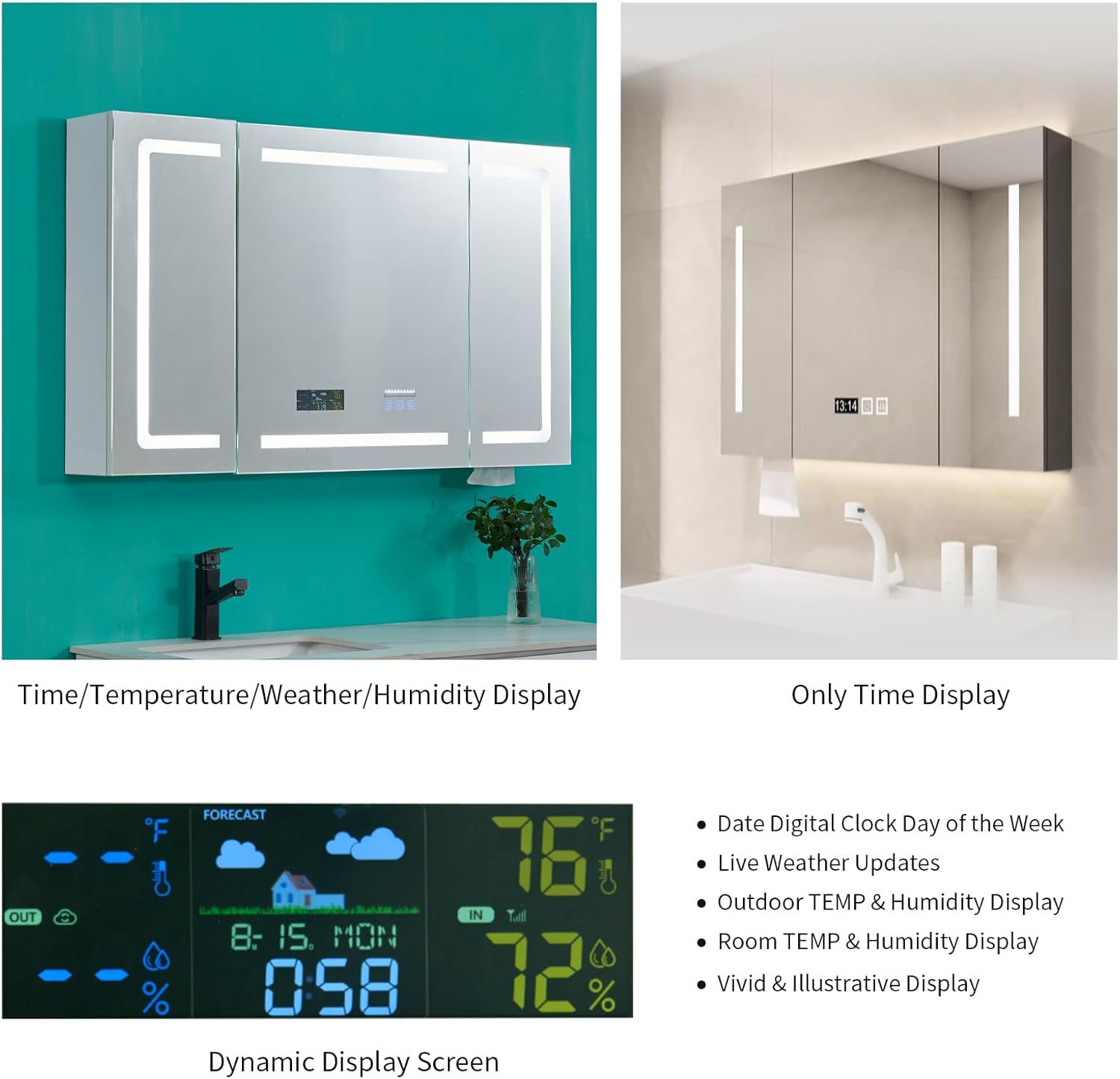 FCH LED Medicine Cabinet with Smart Mirror, 48" Wide Bathroom Medicine Cabinet with Bluetooth& Speaker, Clock, Room Temp Display, Defog, Stepless Dimming, 3-Color Temper Change, Outlets & USBs