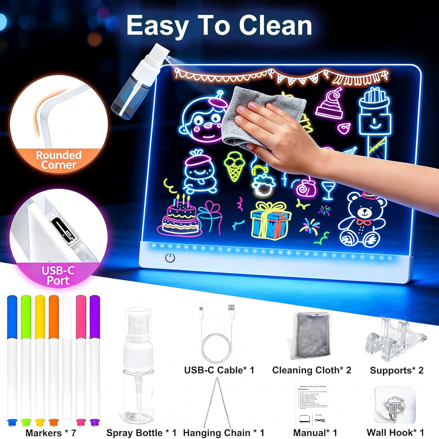 LED Drawing Board with 8 Colors, 13.7"x10" LED Note Board with 7 Markers, Dry Erase Acrylic Lighted Message Board with Stand, Light Up Clear Magicboard as Christmas & Birthday Gifts