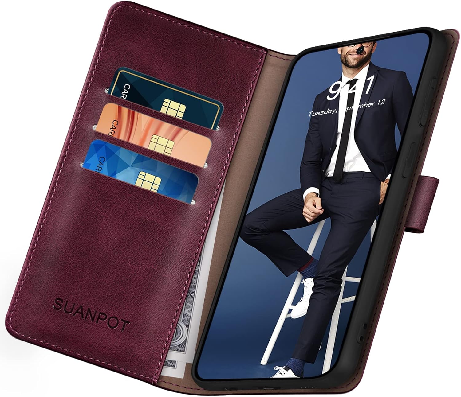 SUANPOT for Samsung Galaxy S23 +/ Plus Wallet case with RFID Blocking Credit Card Holder,Flip Book PU Leather Protective Cover Women Men for Samsung S23Plus Phone case Wine Red - Image 5