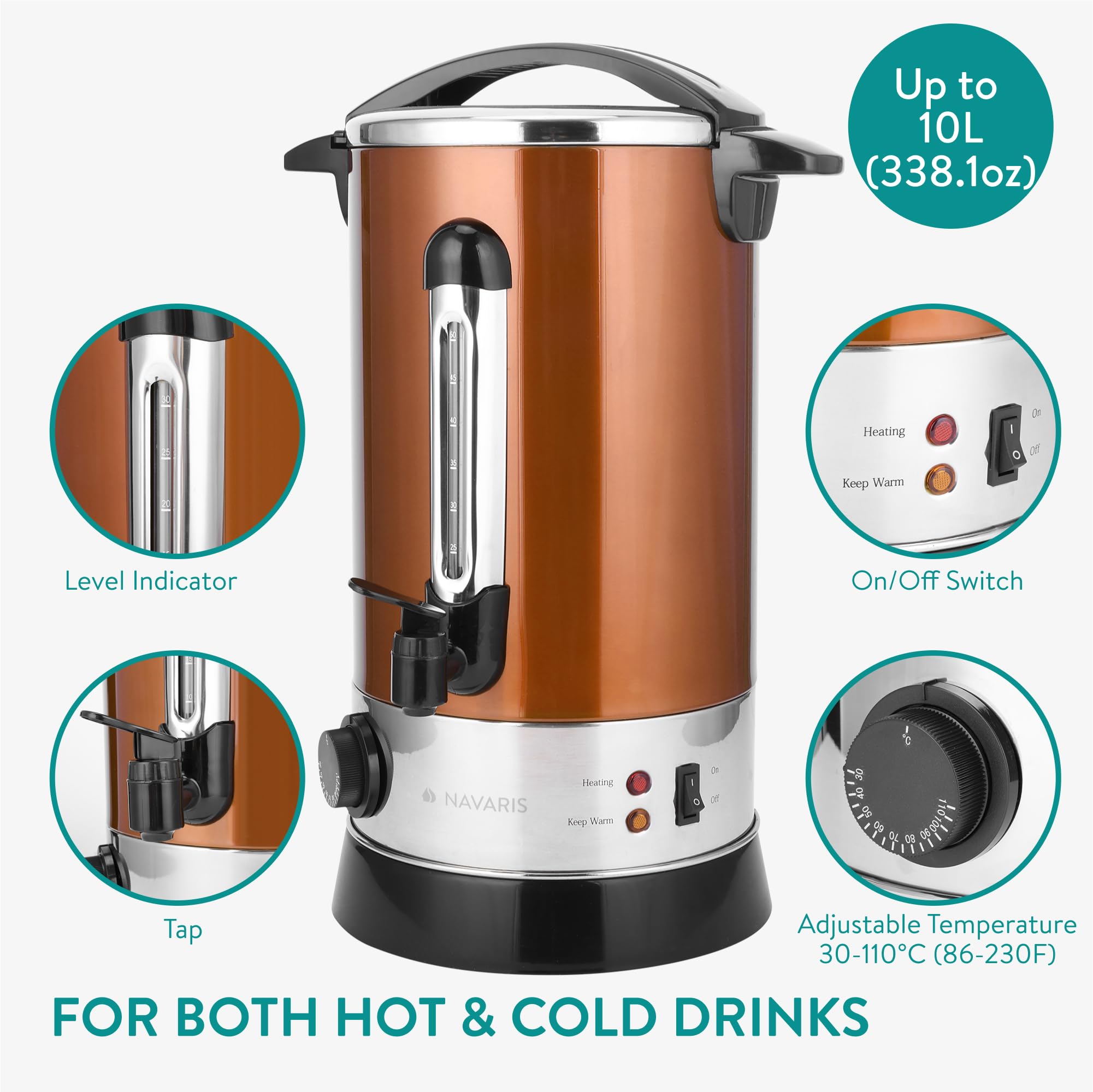 Navaris Distributeur de Boisson Chaude - Marmite à Vin Chaud en Inox - Appareil Chauffe Eau Thé Café Soupe - Maintien de la Chaleur - 10 L