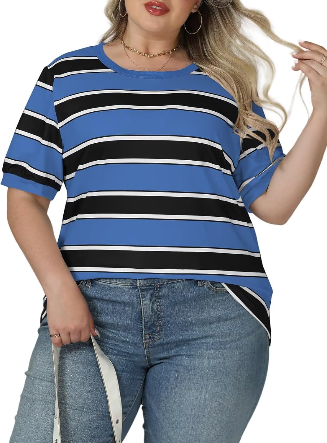 DOLNINE Womens-Plus-Size-Tops Cute Striped Color Block Oversized T Shirts Casual Short Sleeve Loose Fit Tunic Summer Blouses - Image 2