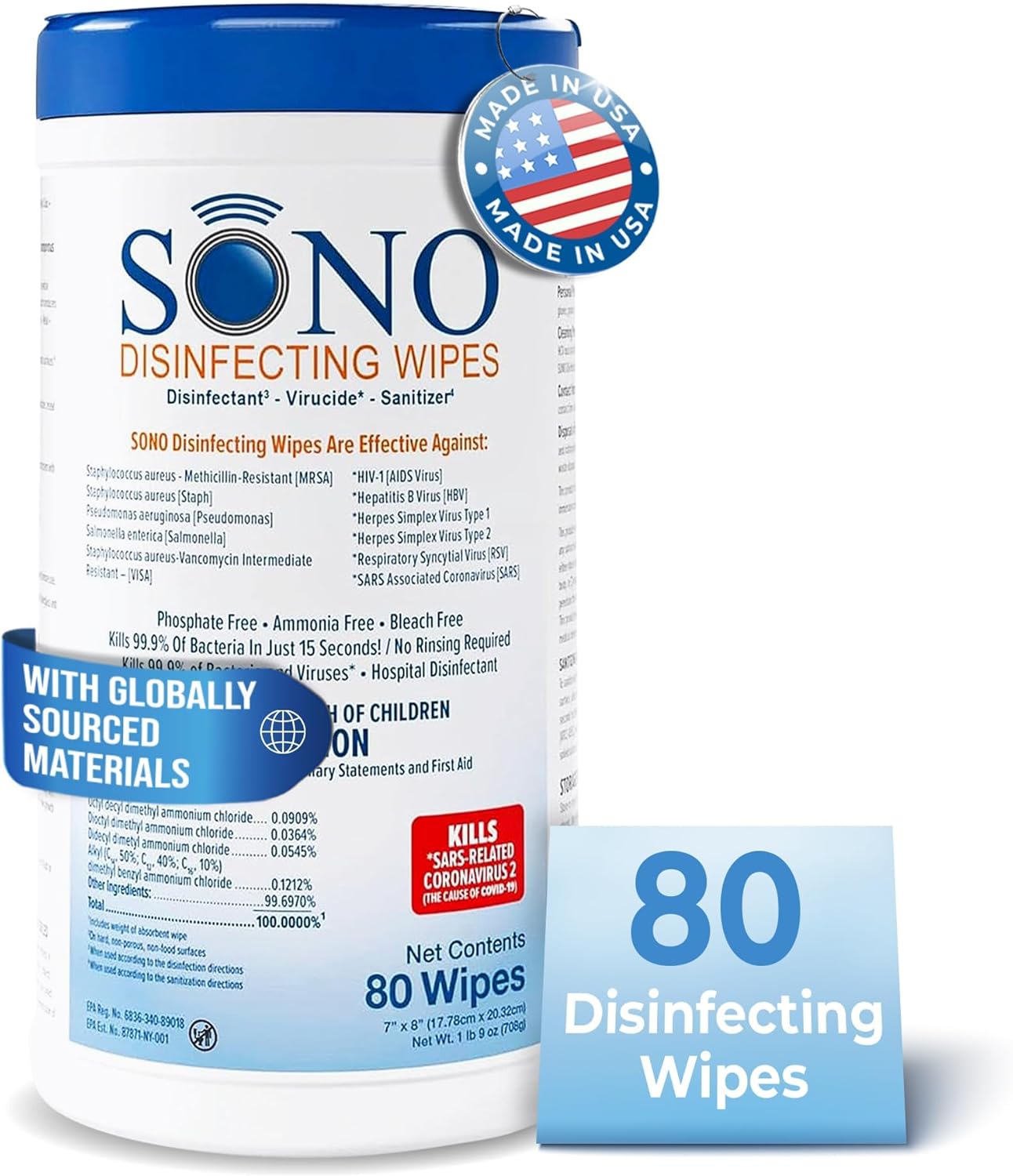 SONO Disinfecting Wipes – Alcohol-Free, Unscented, No Bleach, Medical-Grade I Multi-Surface Cleaning for Home, School, Office, Hospital, Gym I Gentle on Electronic Devices I Everyday Use I 80 CT