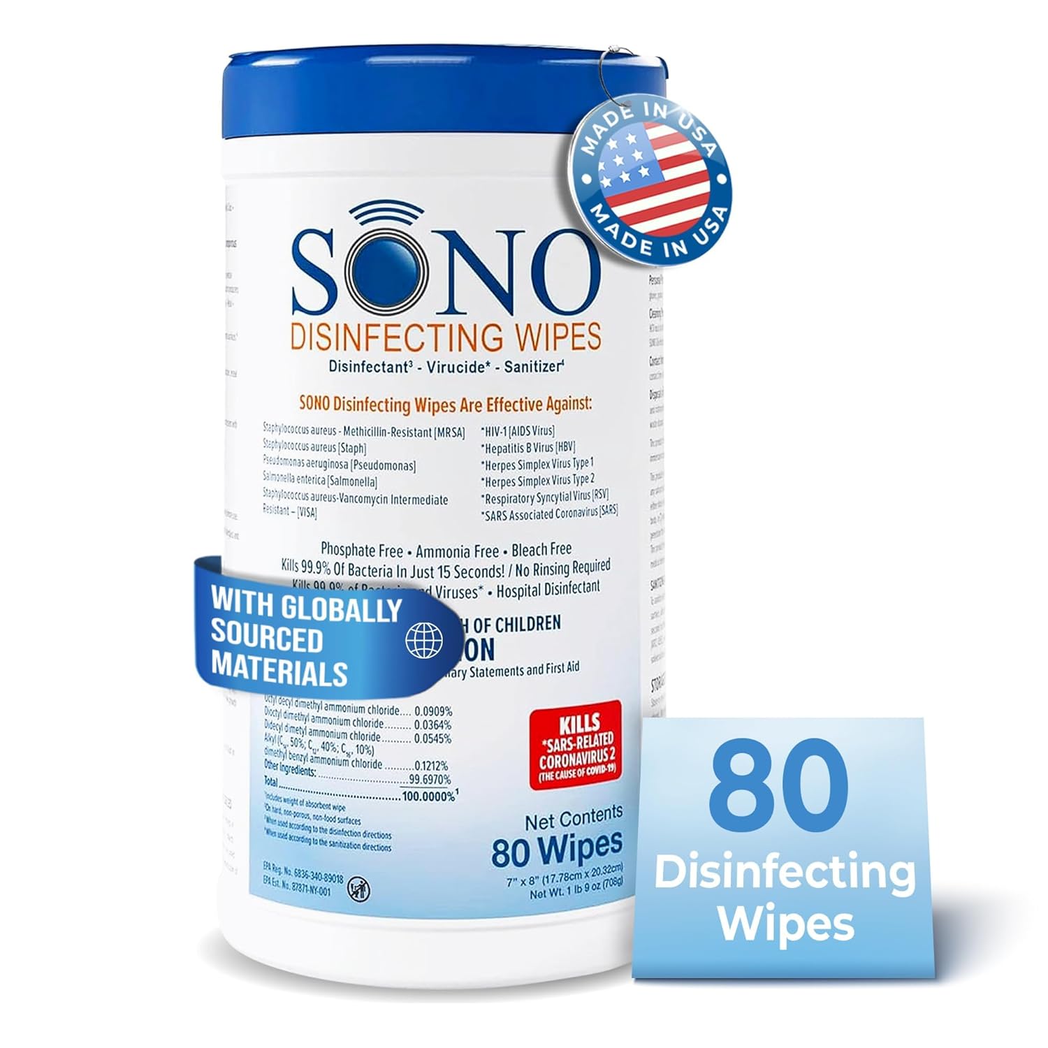 SONO Disinfecting Wipes - Alcohol-Free No Bleach Medical-Grade I Multi-Surface Cleaning for Home School Office Hospital Gym I