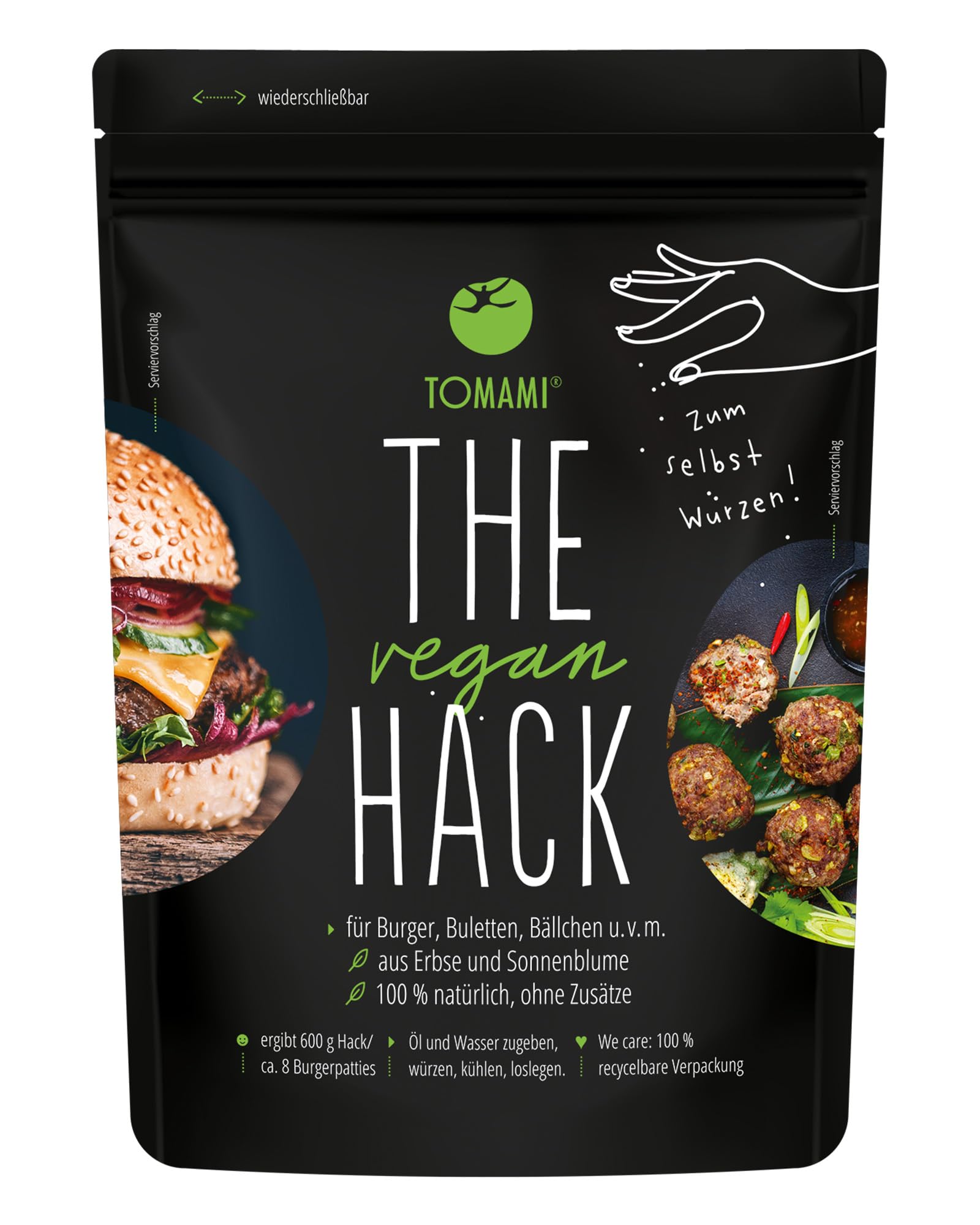 Tomami The Vegan Hack 1kg – Proteinreiche ungewürzte Hackfleischalternative aus Erbsen- & Sonnenblumen - Für 3kg Veganes Hack - Soja- & Glutenfrei