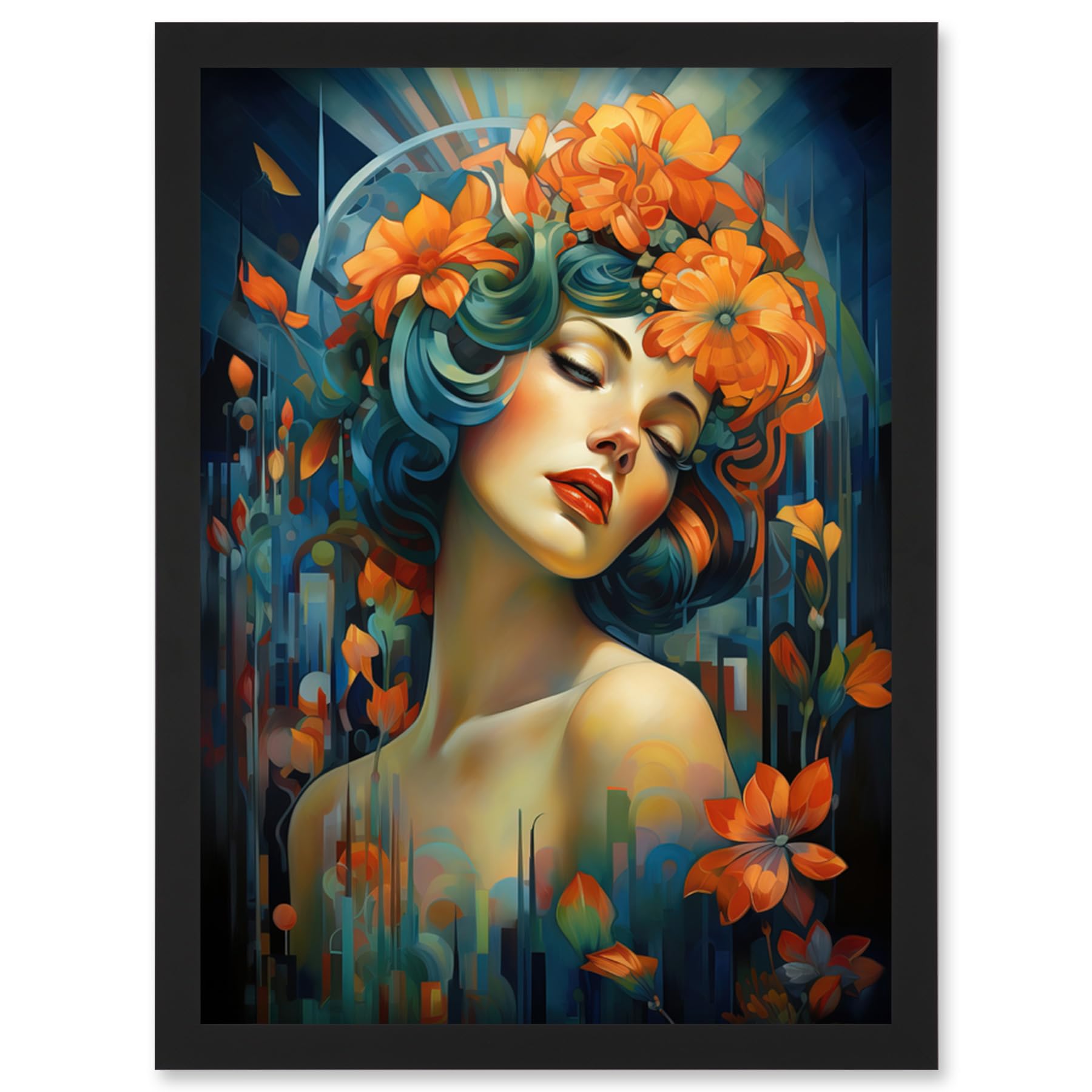 Artery8 Woman Portrait with Flowers Modern Art Deco Vibrant Artwork Orange Blue Floral Headband Artwork Framed Wall Art Print A4