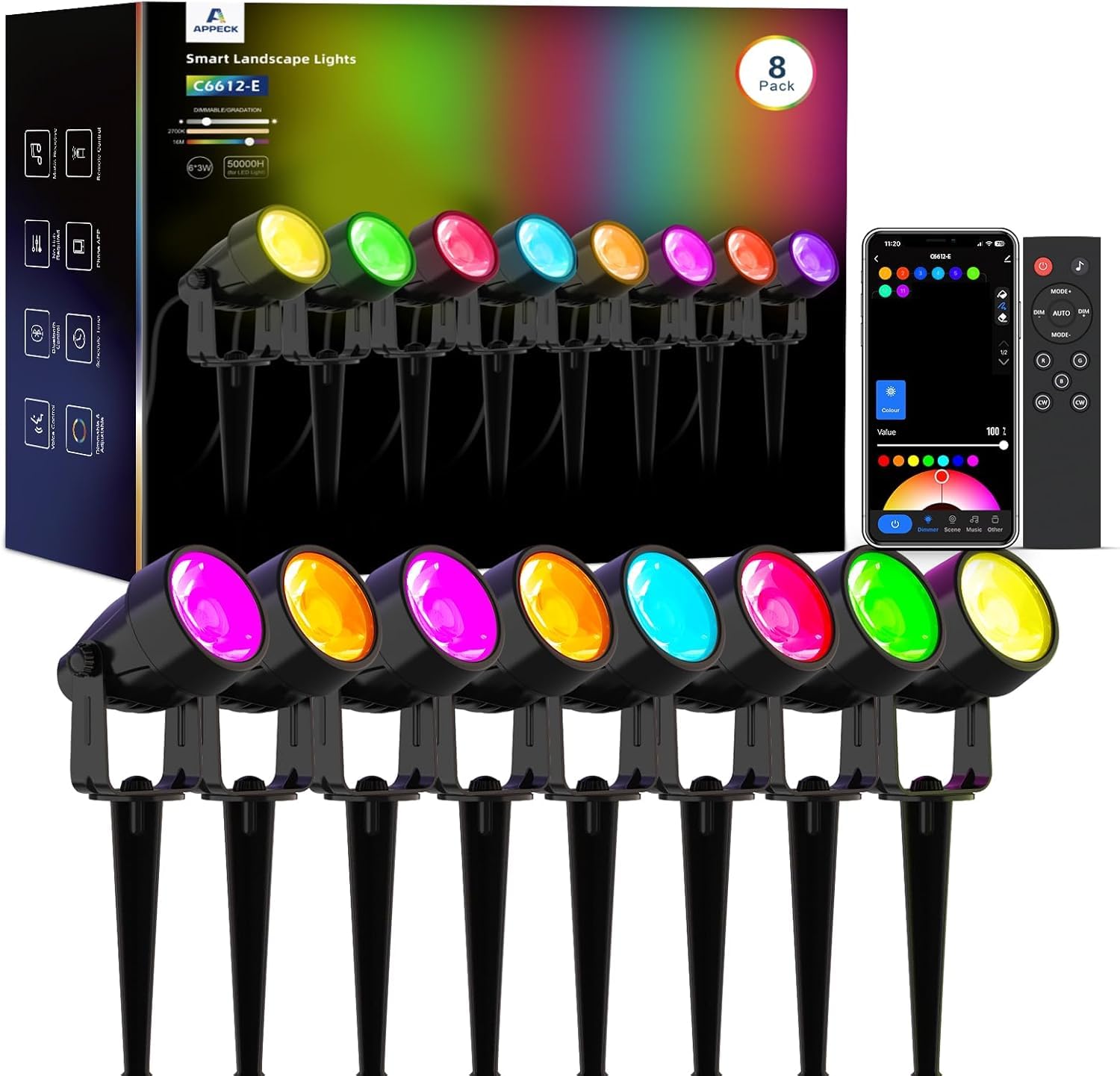 APPECK Gartenstrahler, WiFi Smart Gartenbeleuchtung mit Strom, RGBW Farbe ändernde intelligente Außen Wasserdicht Gartenlampe, mit APP/Sprachsteuerung, für Patio, Garten, Einfahrt, Gehweg, 8 Stück
