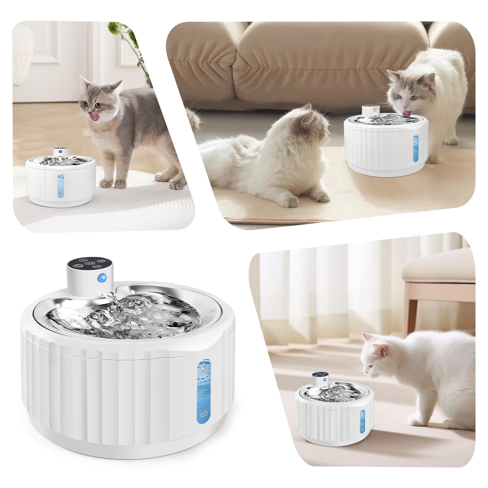 Fontanella per Gatti Senza Fili, 2.8L Fontanella Gatto con Sensore di Movimento e Filtri di Ricambio, 4000 mAh Distributore Acqua Gatti con Vassoio in Acciaio Inossidabile