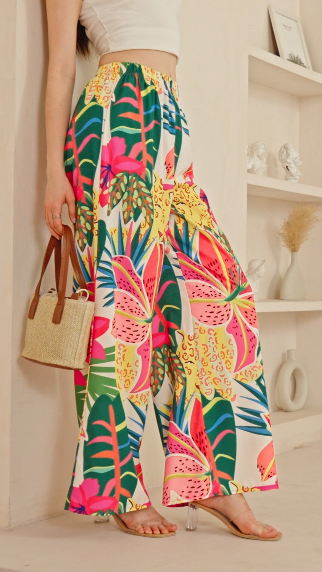 WDIRARA Women's Tropical Floral Print Elastic Waist Wide Leg Pants