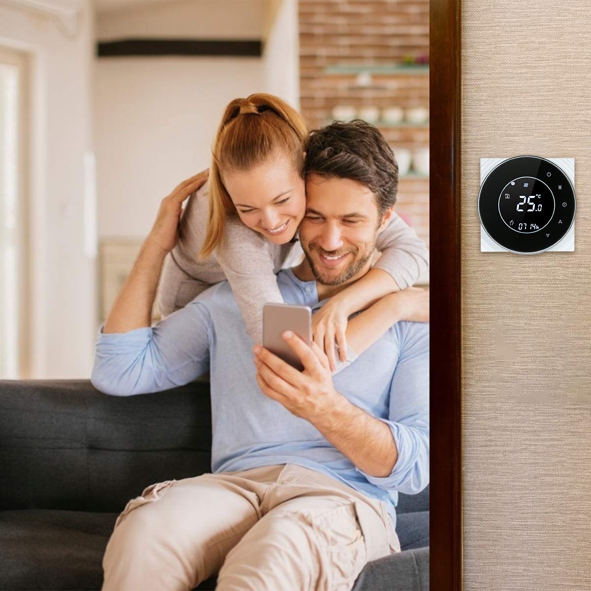 Decdeal Raumthermostat Gaskesselheizung WiFi Runde LCD Touchscreen Programmierbare Thermostat mit Hintergrundbeleuchtung 0.5 ° C Genauigkeit Sprachsteuerung App Fernbedienung