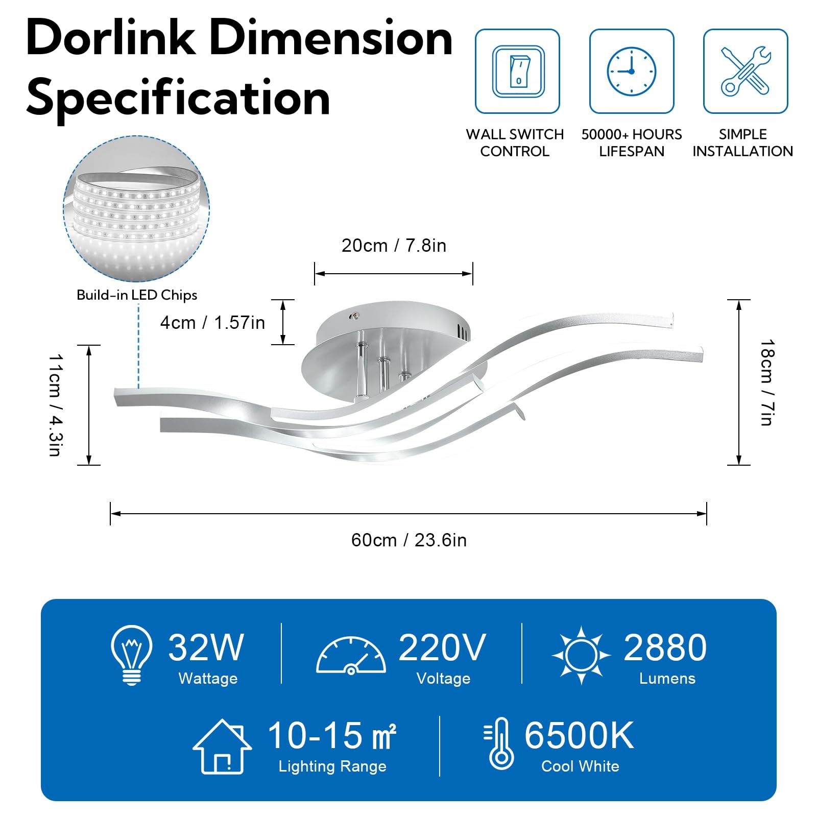 Dorlink Plafoniera LED Soffitto Moderna, 32W 2880LM Lampadario LED Camera da Letto, 6500K Bianco Freddo Lampadari Cucina, 4 Luci Plafoniera Onde Curve Argento, Lampadario Soggiorno, Ø60CM