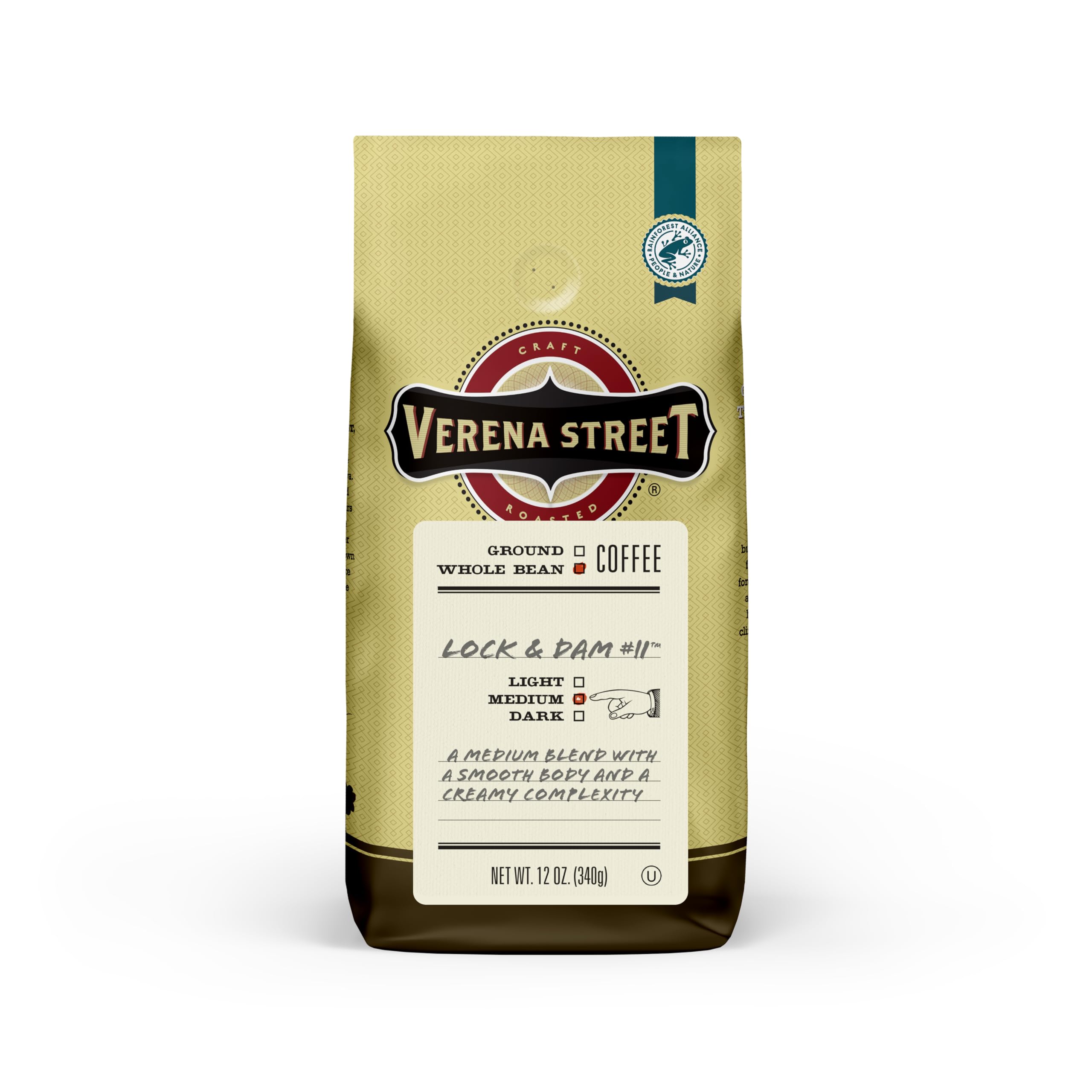 Verena Street 12 Ounce Whole Bean Coffee, Light Medium Roast, Lock & Dam 11, Rainforest Alliance Certified Arabica Coffee