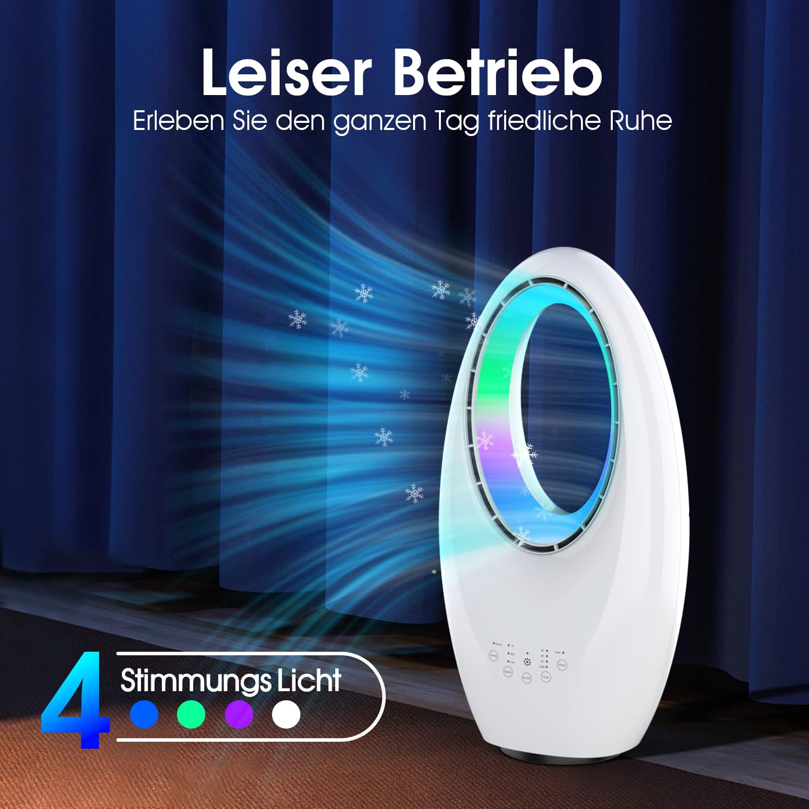 Ventilatore a Torre Senza Pale Silenzioso con Telecomando, 24 Velocità, 3 Modalità, Oscillazione 75°, Timer 12H, Illuminazione LED 4 Colori, per Camera da Letto, Ufficio e Soggiorno (Bianco1)