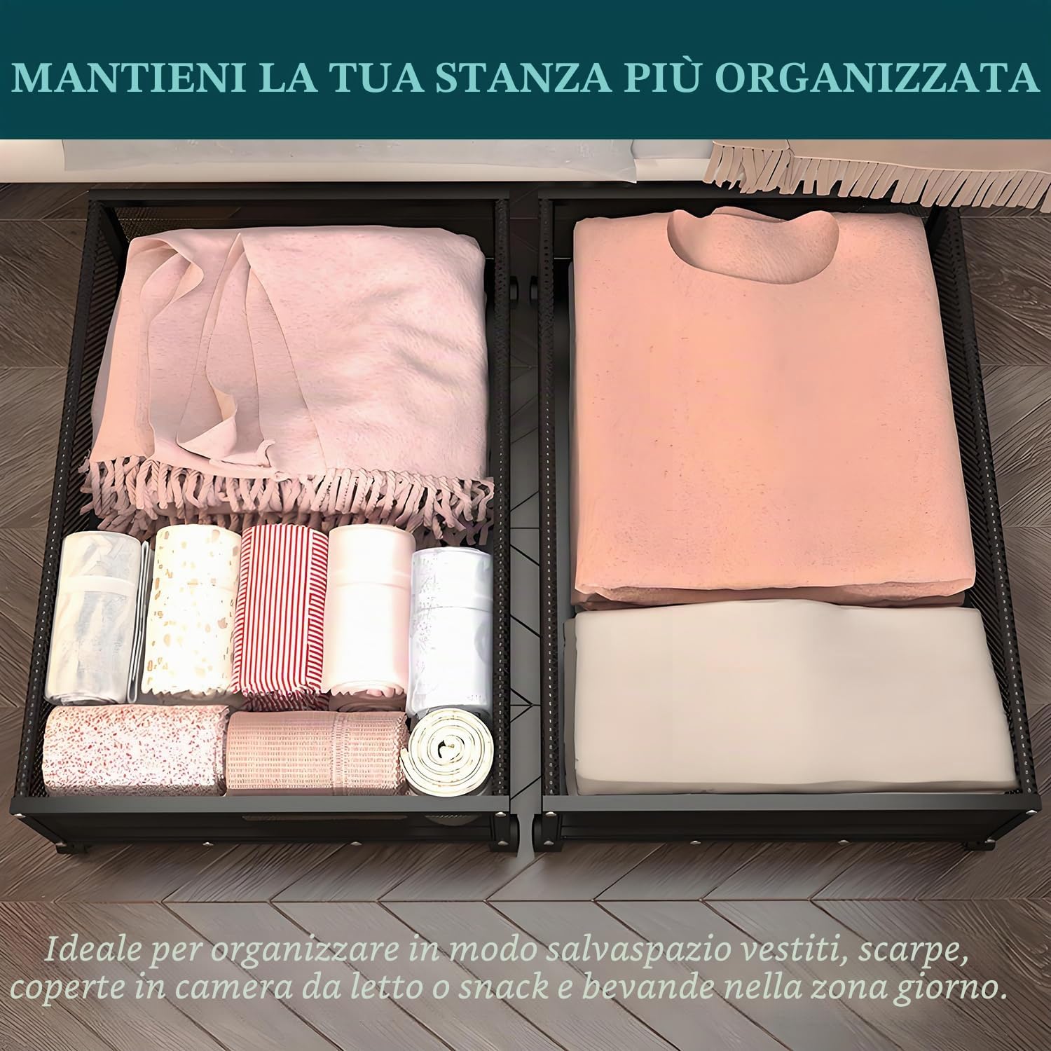 Contenitori sottoletto con ruote, 2 pezzi, 80x42x18 cm | Telaio metallico nero, coperchio trasparente, ordine salvaspazio per vestiti, scarpe e giocattoli