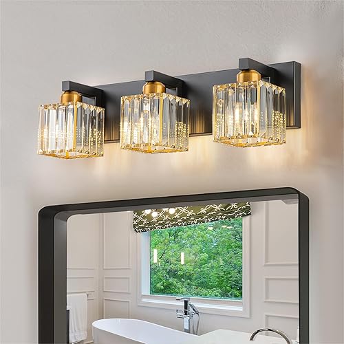 Miniatura 10 de Lámpara de tocador de baño de cristal negro y dorado, 4 luces de iluminación de baño sobre espejo, moderna iluminación de pared de cristal con