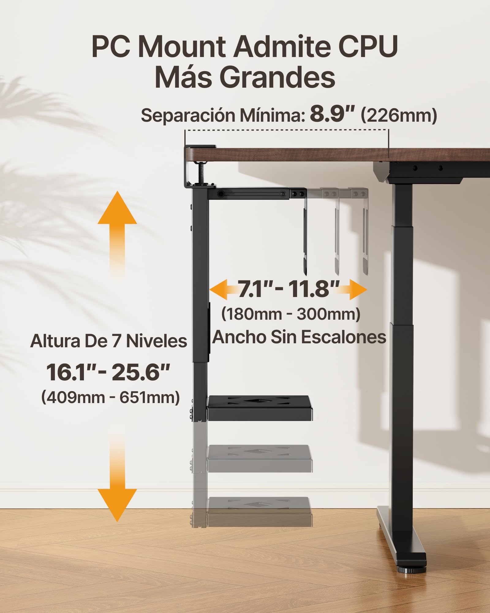 monTEK Soporte para PC de30kg de Resistencia se Monta Debajo del Escritorio | sin perforación, soporte para PC ajustable con almohadilla protectora, altura de 16,1–25,6 cm, perfecto para oficina