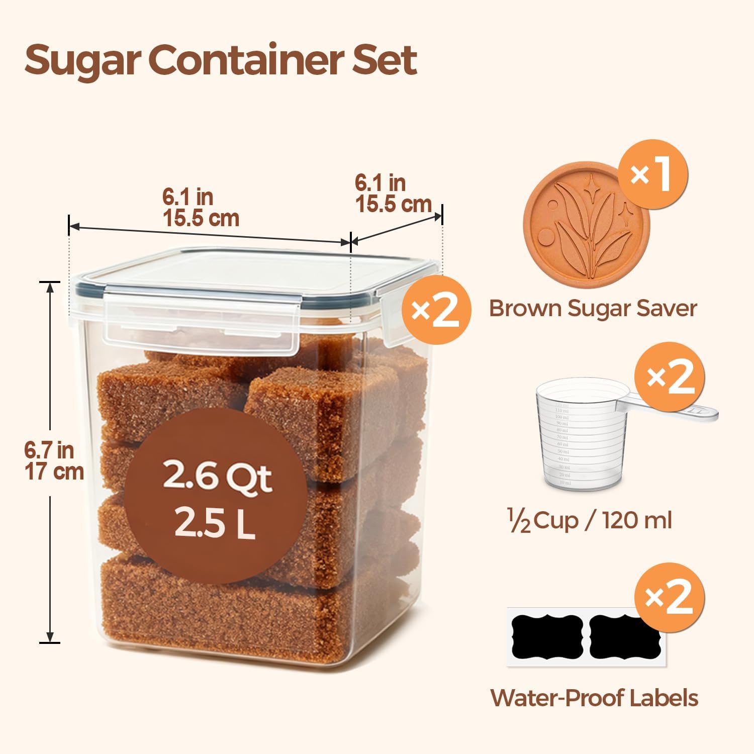 ComSaf Brown Sugar Container Set of 2 (2.5L/2.6Qt), Airtight Food Storage Containers with Lids and Terra Cotta Brown Sugar Saver, Plastic Canisters Sets for Kitchen, Pantry Organizer for Flour, Baking - Image 2