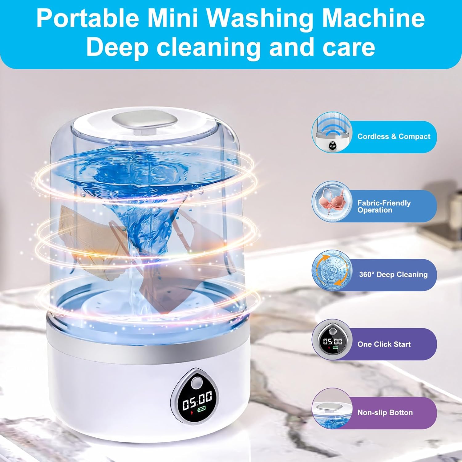 Portable Washing Machine, 1.5L Rechargeable Cordless Mini Washing Machine underwear washer, Deep Clean Socks, Underwear, Baby Clothes For Solo Living, Apartments, Hotels, Travel, And Camping（white）