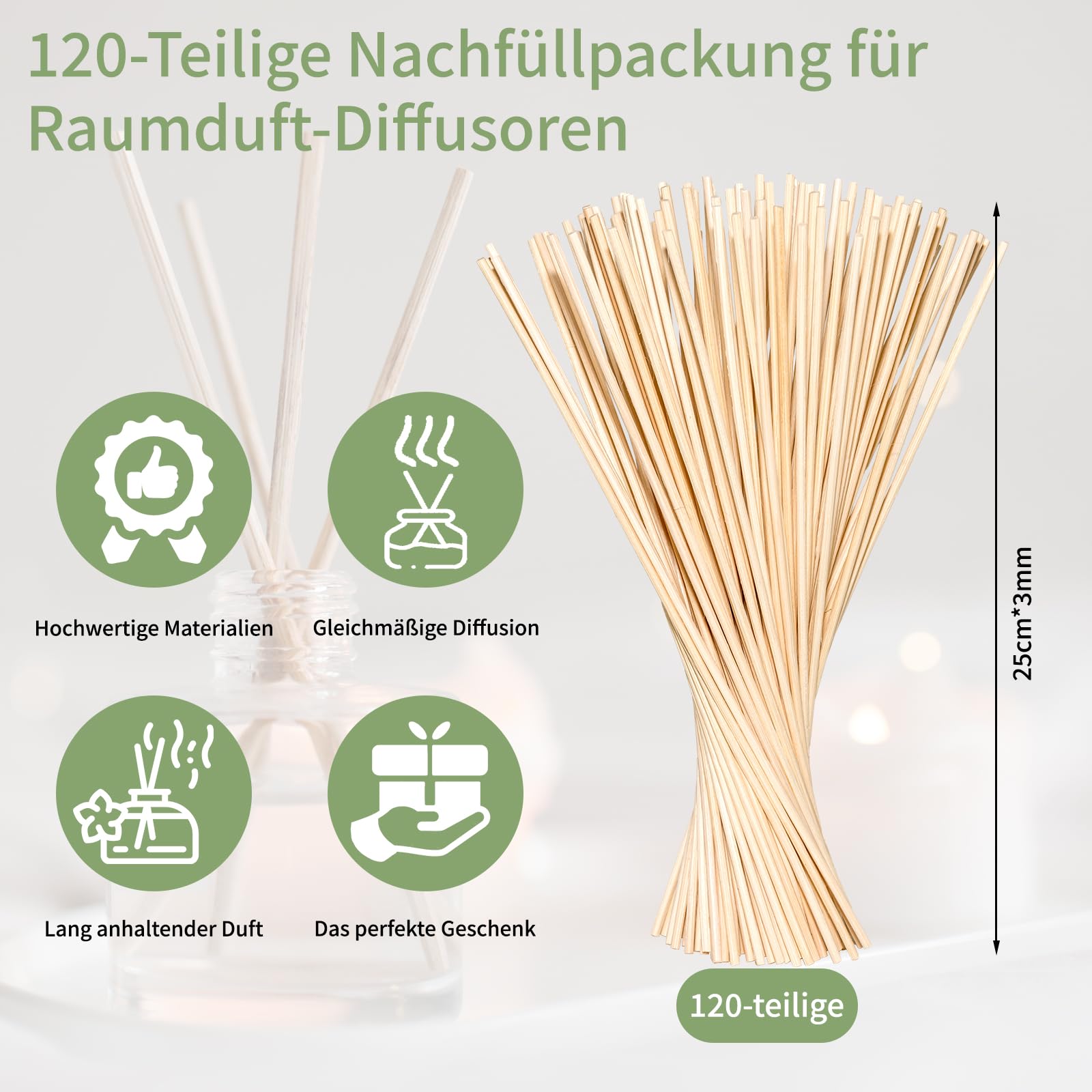 120 varillas aromáticas de 25 cm x 3 mm, varillas de madera para ambientadores de habitación, paquete de relleno, adecuado para aromaterapia, botella de aceites esenciales, hogar, oficina y spa
