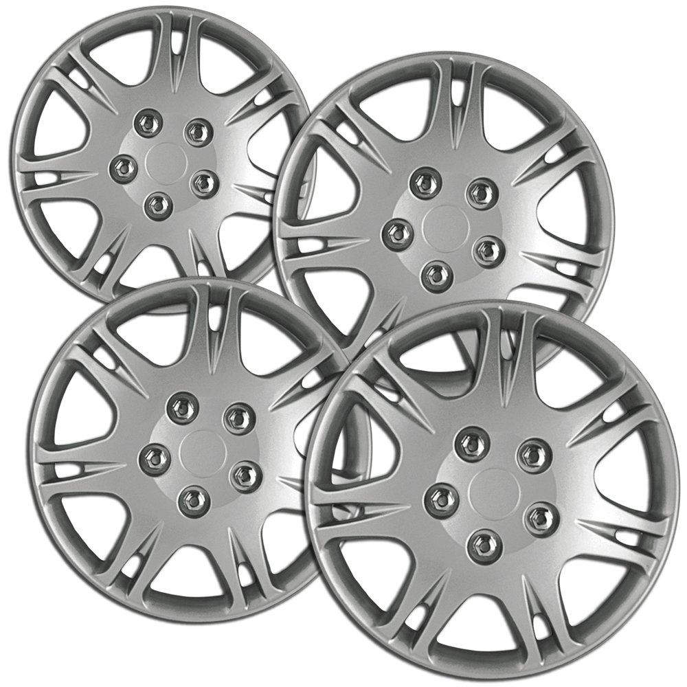 OxGord 15 inch Silver Snap-On Hubcaps with 7 Double Spoke Compatible with 1999-2003 Mitsubishi Galant Standard Steel Wheel Covers
