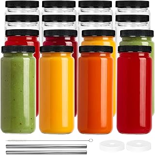 TOMNK 16 Pack 16oz Glass Juice Bottles with Lids and Straws Travel Drinking Glass Bottles with Caps Reusable Juice Jars Smoothie Cups for Tea, Kombucha, Boba Milk, Fruit Drinks, Beverage