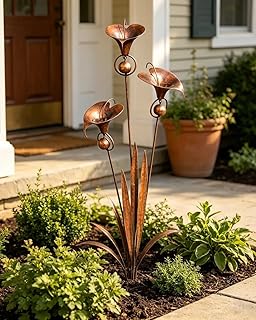 2026 Flamed Copper Three Calla Lilies Garden Stake with Bells, Rain Catc...