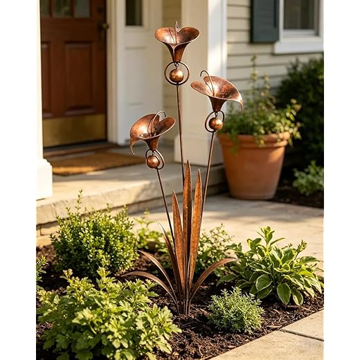 2026 Flamed Copper Three Calla Lilies Garden Stake with Bells, Rain Catcher Flower Handmade 24inch Large Whimsical Metal Plant Sculpture Yard Art Decor, Rustic Wind Chime Ornament Gift