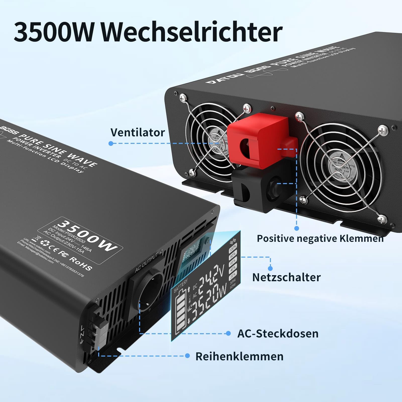 DATOUBOSS Convertisseur 24v 220v Pur Sinus 3500W/7000W Onduleur, 1 Prise EU, Écran LCD, Télécommande sans Fil – Convertisseur pour Voiture, Camion, Camping-Car, Urgence