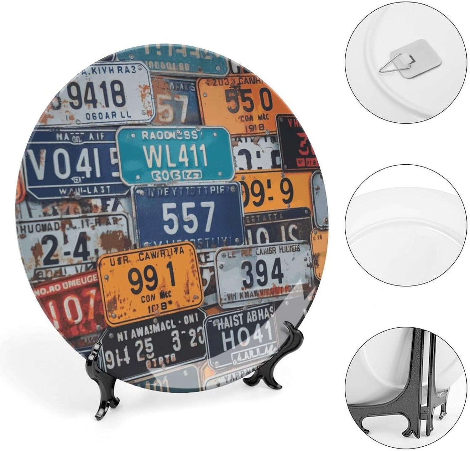 License Plate Bone China Decorative Plate with Display Stand, Ceramic Ornaments Plate for Wall Hanging, Personalized Porcelain Plates for Office, Living Room 8inch