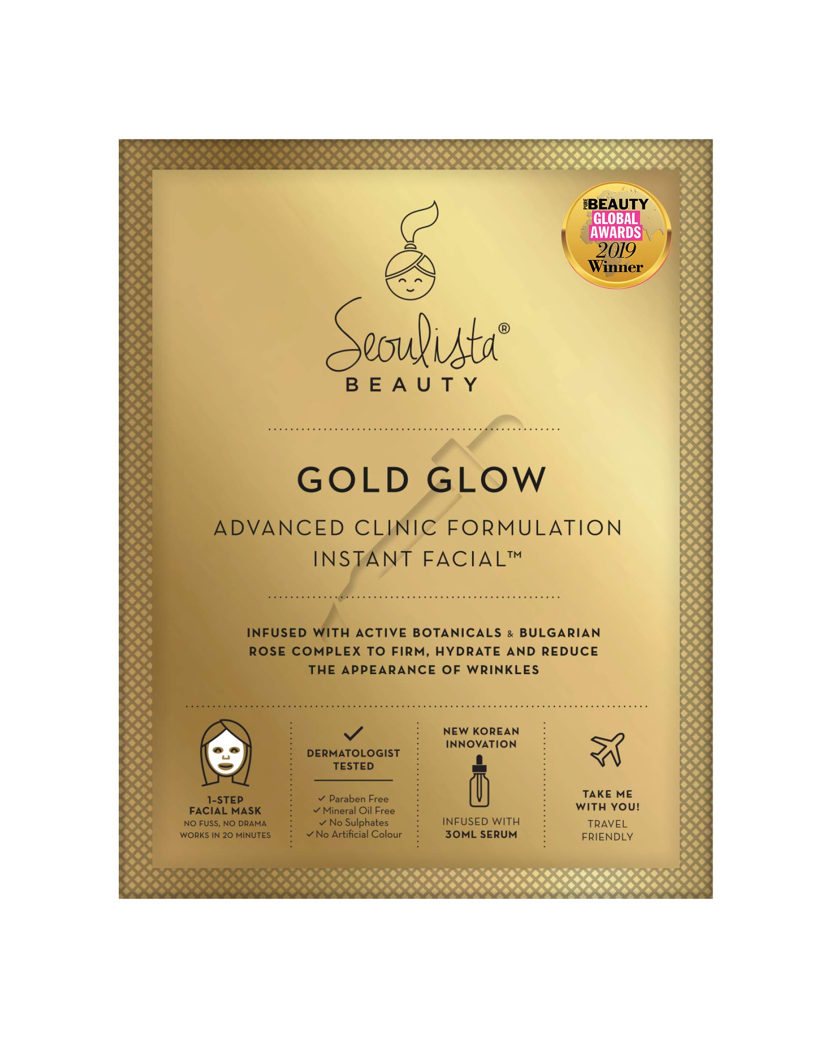 Seoulista BeautyAdvanced Clinic Formulation Gold Glow Instant Facial – Anti-Ageing Face Mask —With Bulgarian Rose Oil, Vitamin C, Niacinamide — Dermatologist Created — Globally Award Winning