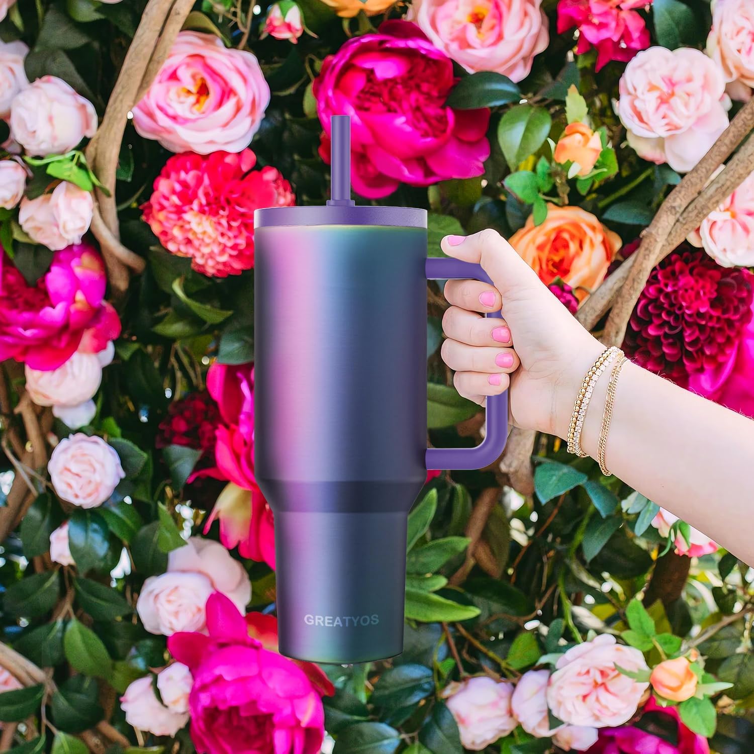 40 oz Tumbler with Handle and Flip Straw Lid - Upgraded Insulated Traveler Tumblers with Lids Straws Vacuum Leak Proof Stainless Steel 40oz Cup Mug Gifts for Men Women Him Her (Aurora) - Image 6