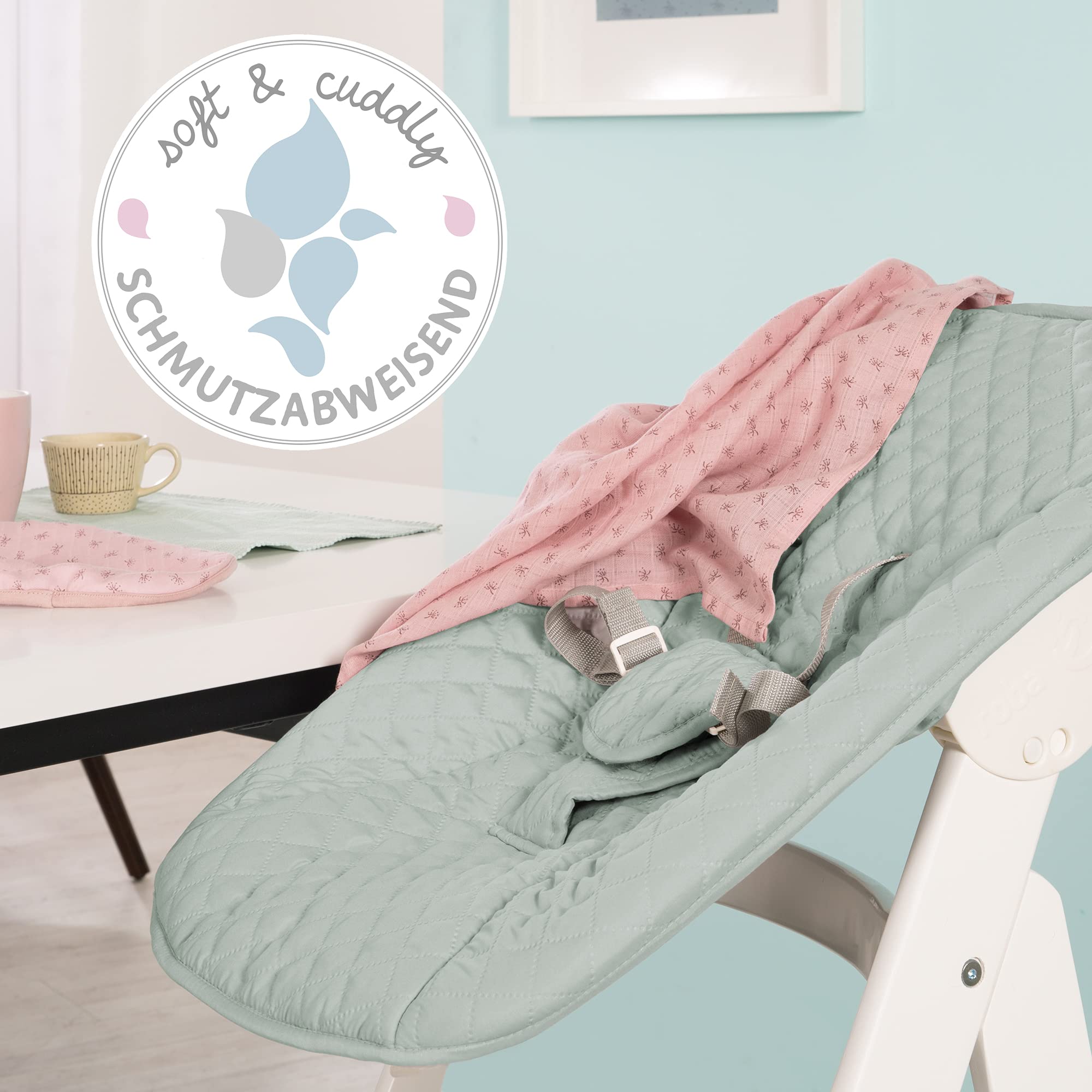 roba Seggiolone Evolutivo Born Up 2in1, Sdraietta roba Style Verde Ghiaccio Reclinabile, Fodera Impermeabile, Altezza Regolabile, Robusto e Resistente, Ergonomico, fino ai 70 kg, Legno Laccato Bianco