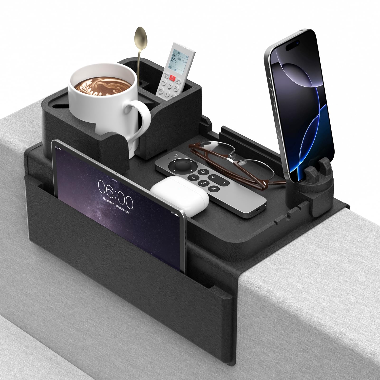 Couch Cup Holder, Anti-Slip Sofa Armrest Tray with Dual Side Pockets