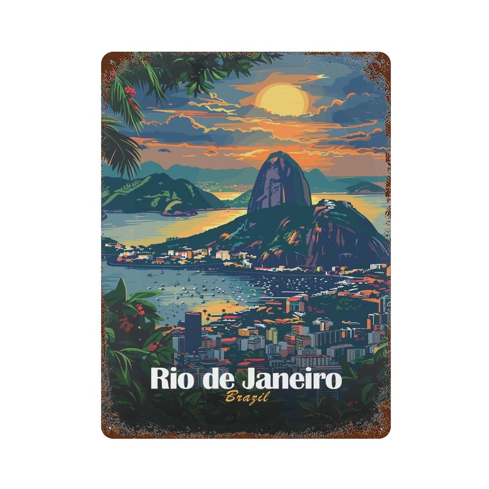 Rio De Janeiro Sunset 15.7"x11.8" Vintage Rust Metal Sign, Decorative Metal Wall Art for Farmhouse, Kitchen And Entryway Decor