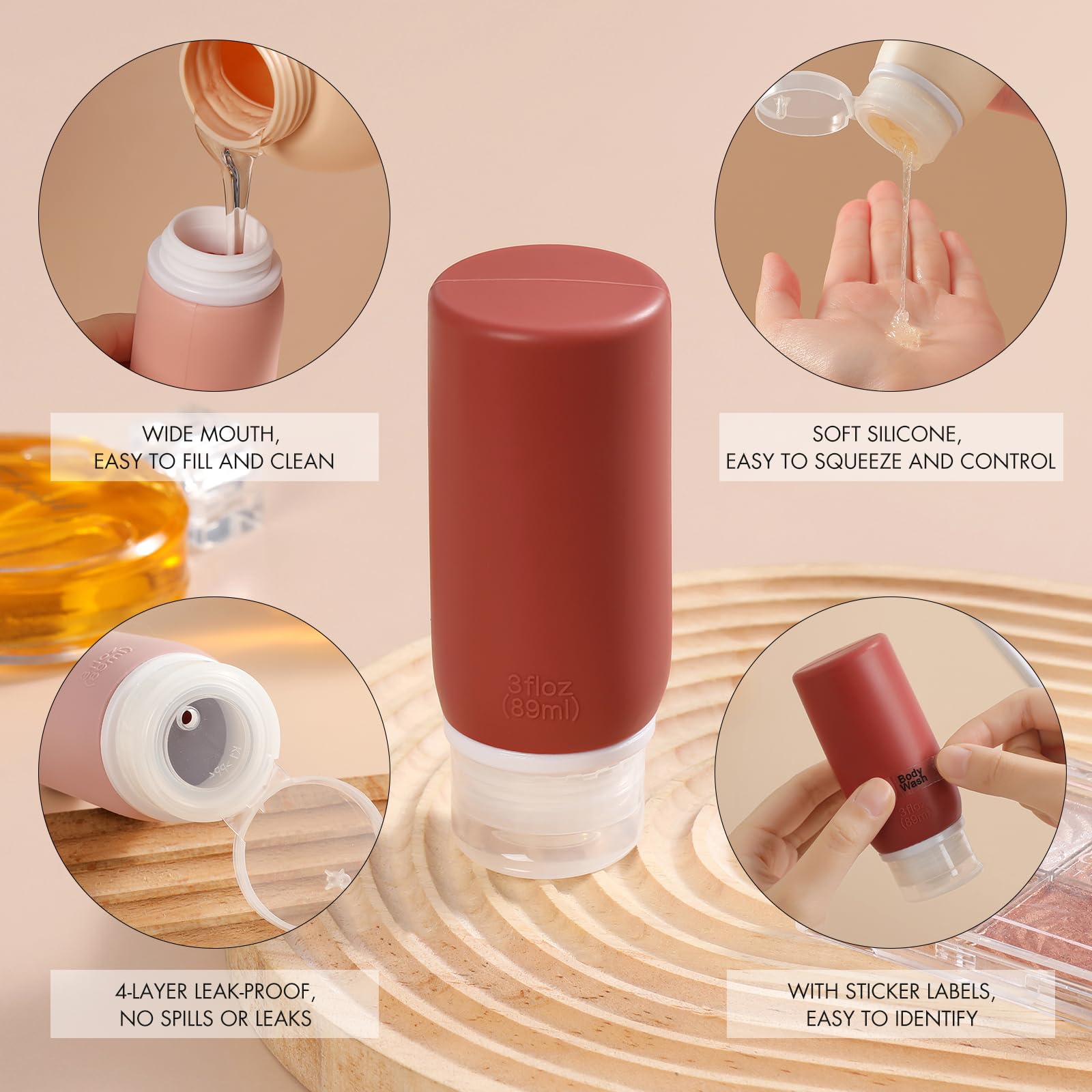 Muslish 21 Pack Travel Bottles for Toiletries, Leak-Proof TSA Compliant Silicone Travel Size Containers for Shampoo and Conditioner, BPA Free with Toiletry Bag (Cream)