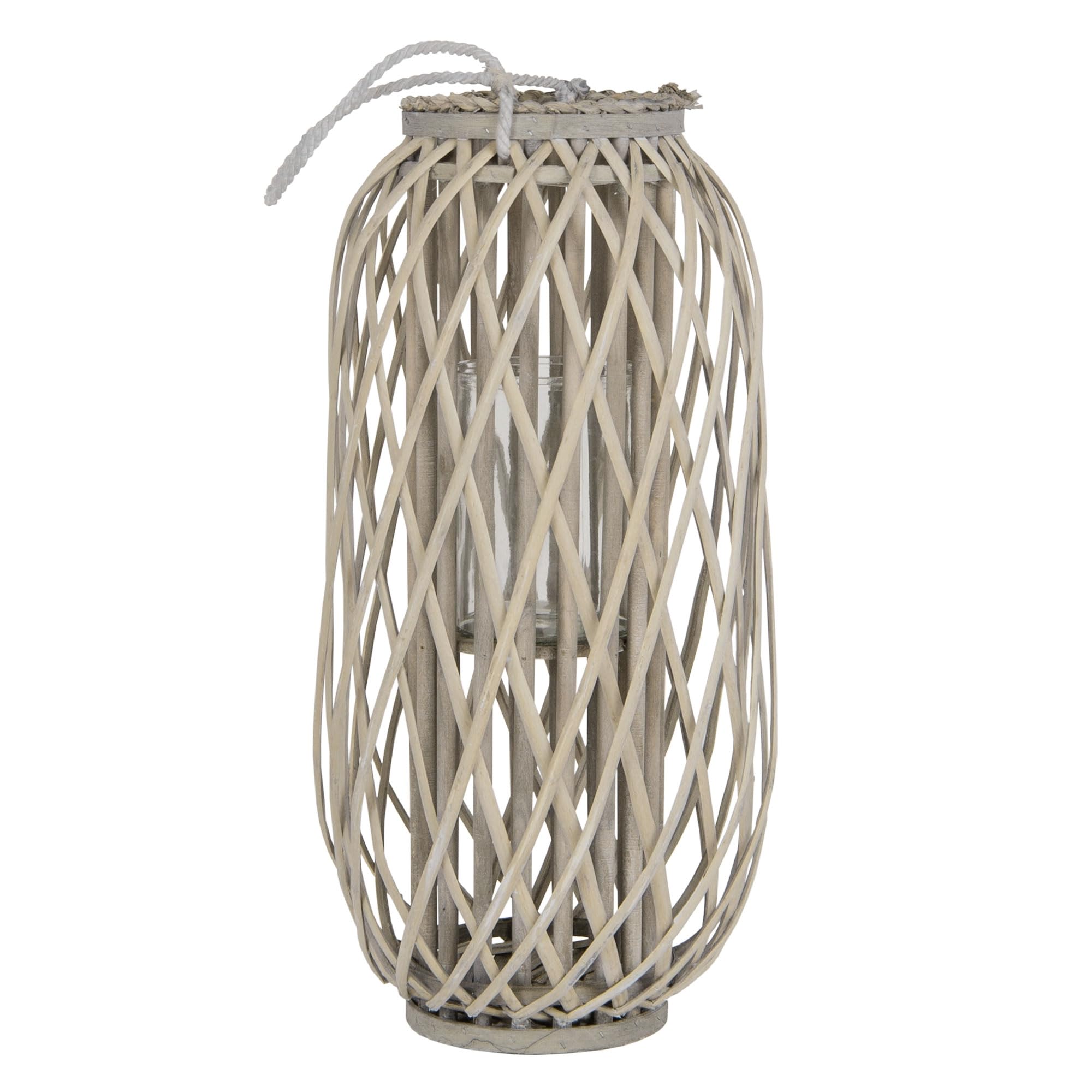 ECD Germany Lanterne Rotin 60 x Ø30 cm Poignée Bois Naturel Gris/Marron Décoration Rétro Vannerie Jardin Extérieur