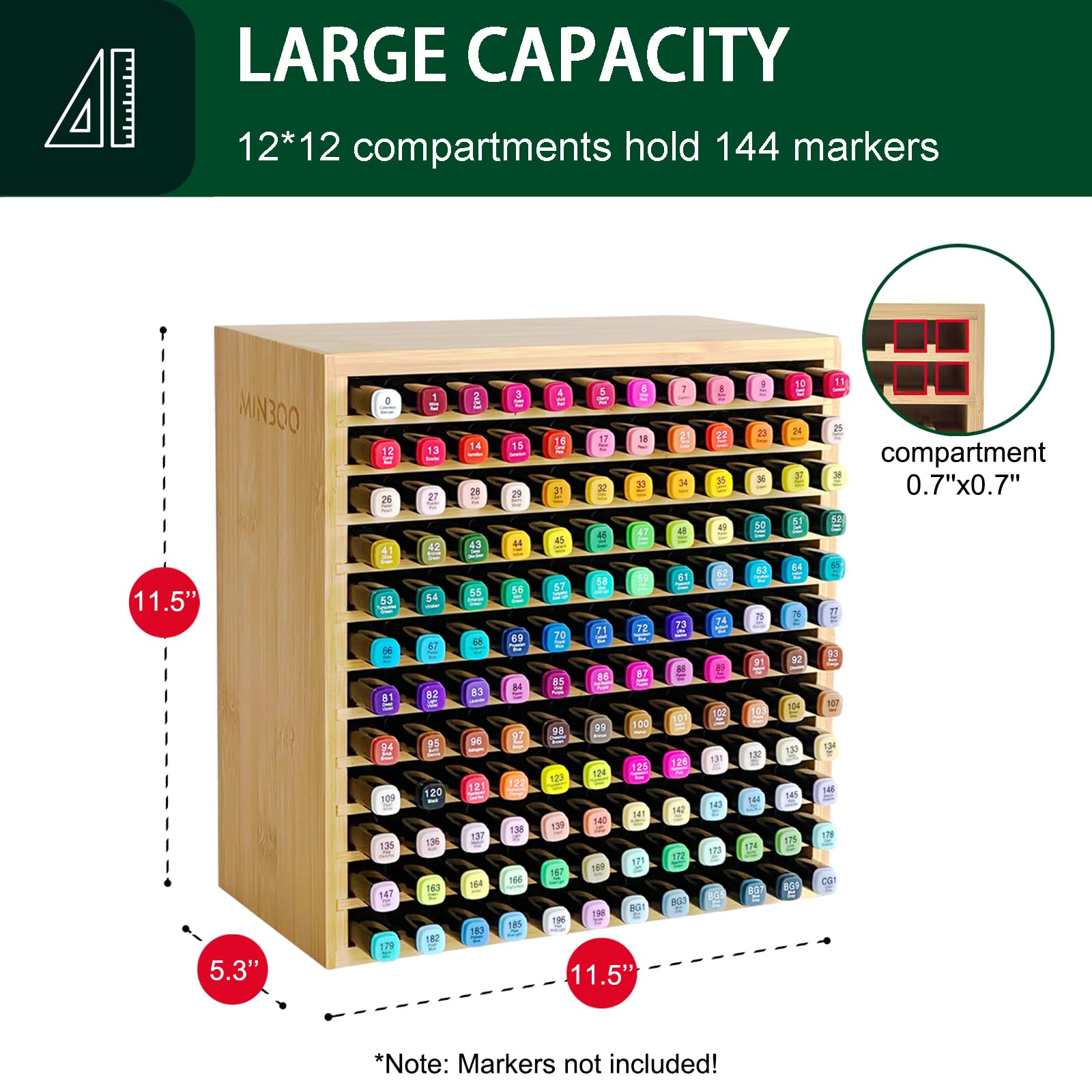 MinBoo Organiseur pour 144 marqueurs, fournitures d'art en bambou, marqueurs artistiques, stylos, crayons de couleur, pinceaux, organisateur de papeterie pour la maison, la salle de classe, le bureau,