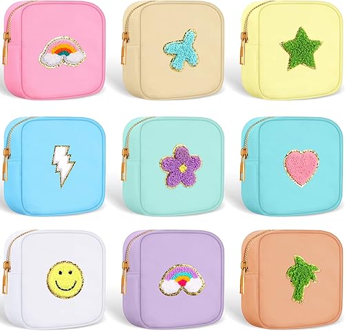 Sumind 9 piezas de nailon mini bolsa de maquillaje de chenilla carta bolsa de cosméticos bolsa de viaje pequeña bolsa de maquillaje bolsa de aseo