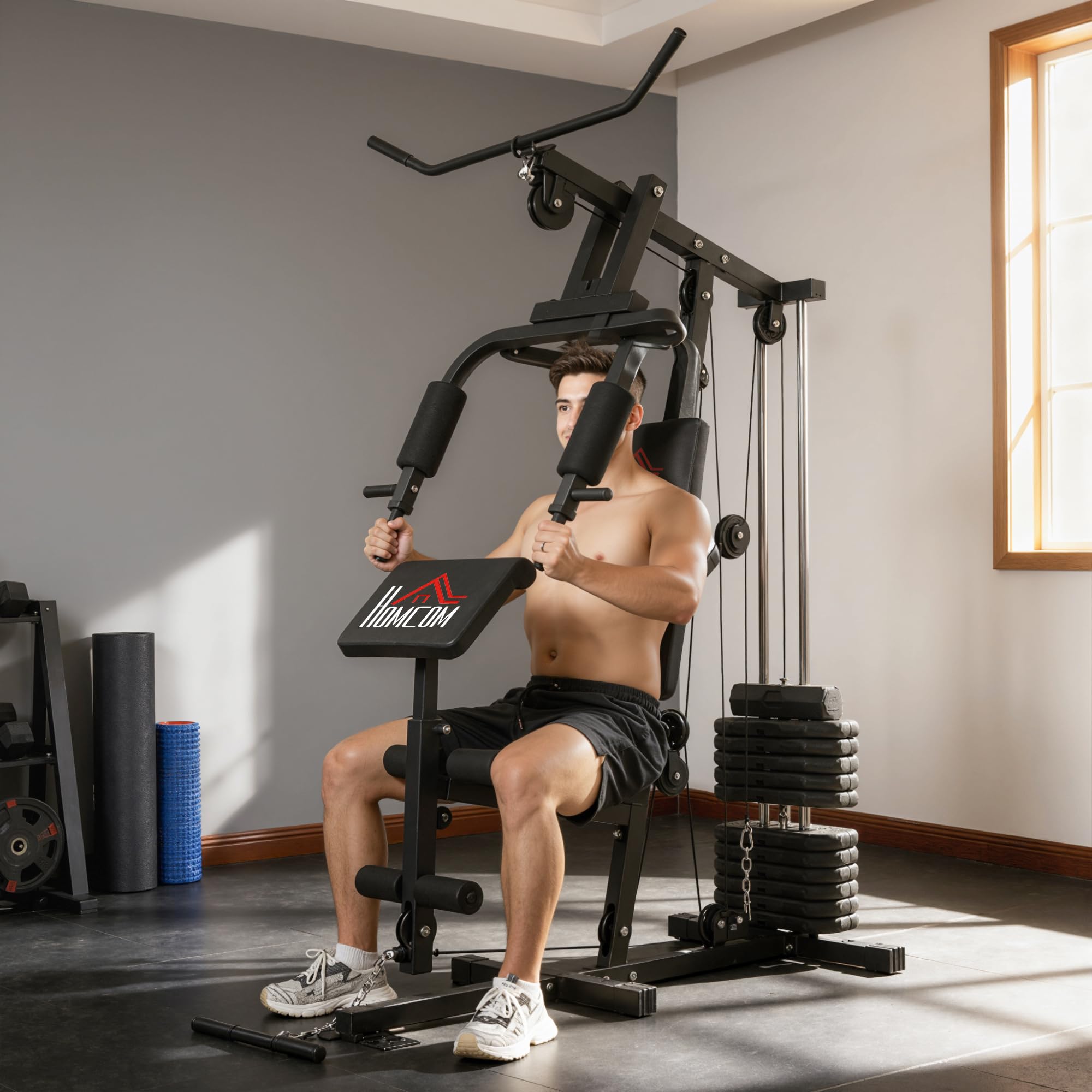 HOMCOM Station de Musculation Multifonction avec Stack de 65 kg, Double Poulie, Station de Développé Couché, Butterfly, Plateforme à Biceps & Développeur de Jambes, Noir