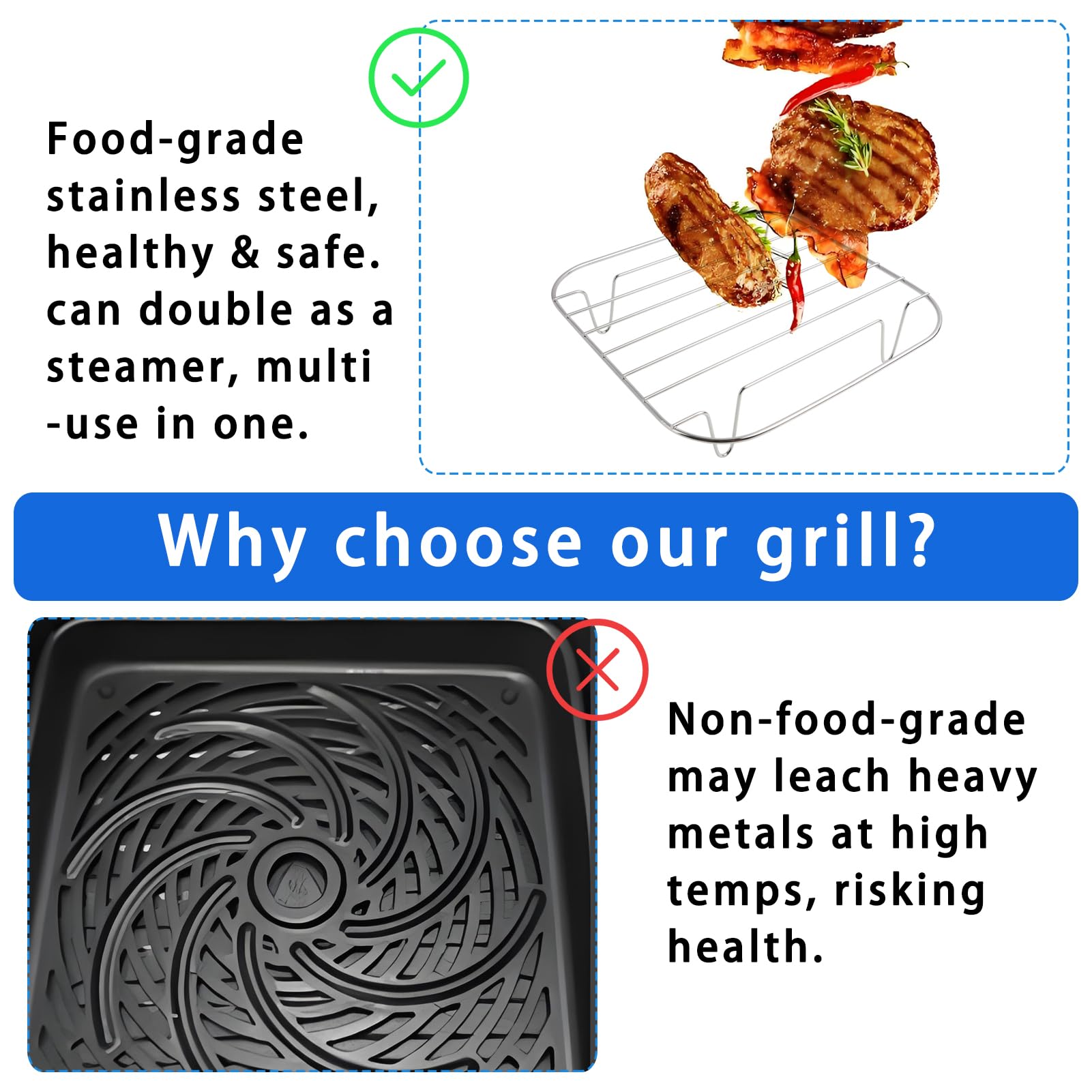 Griglia Per Friggitrice Ad Aria - Acciaio Inox S304, Antiaderente, Per Cucinare A Due Livelli, Compatibile Con Cosori E Altri Modelli - Foto 7