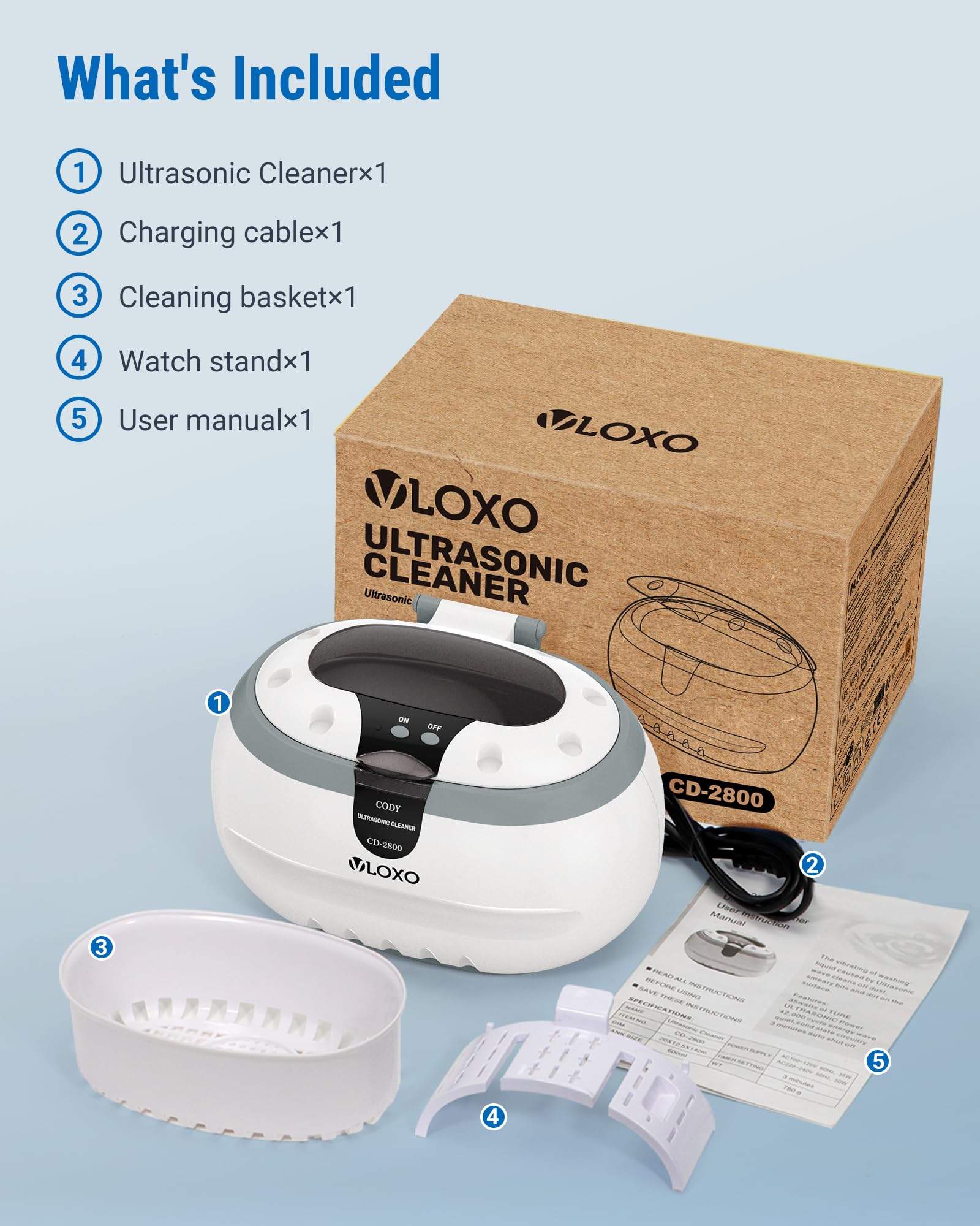 VLOXO Nettoyeur Ultrasons 50W, 42KHz Ultrasonic Cleaner Professionnel, 600ML Bac Ultrason avec Support et Panier pour Bijoux, Lunettes, Montres, Prothèses Dentaires, Tête de Rasoir