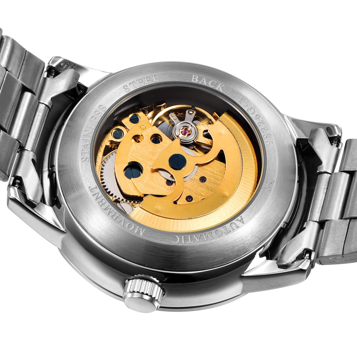 Alienwork IK Reloj Automático Hombre Mujer Plateado Pulsera de Metal Acero Azul Esqueleto
