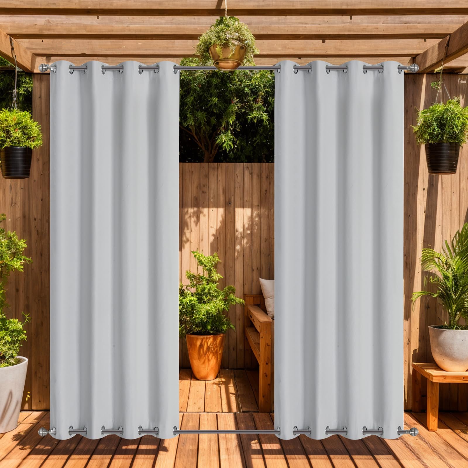 LiveGo Outdoor Curtains Waterproof with Grommet (Top and Bottom), 2 Panels Privacy & UV Protection Windproof Curtain for Porch, Pergola, Garden, Backyard (Light gray, 140 * 213cm) — view 18