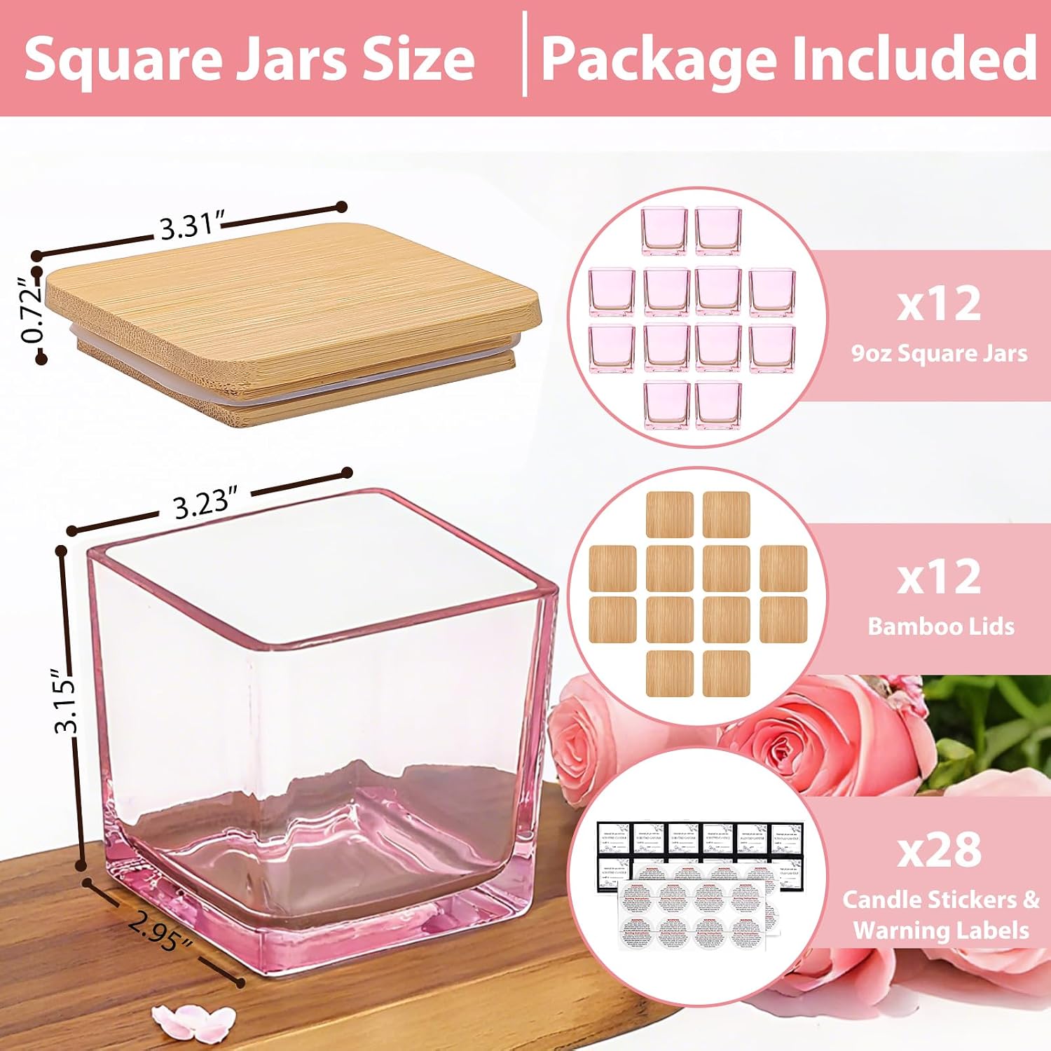 CONNOO 12 Pack 9 OZ Pink Square Candle Jars for Making Candles, Thick Glass Bulk Empty Candle Containers with Airtight Bamboo Lids for Candle Making, Sticky Warning Labels - Dishwasher Safe