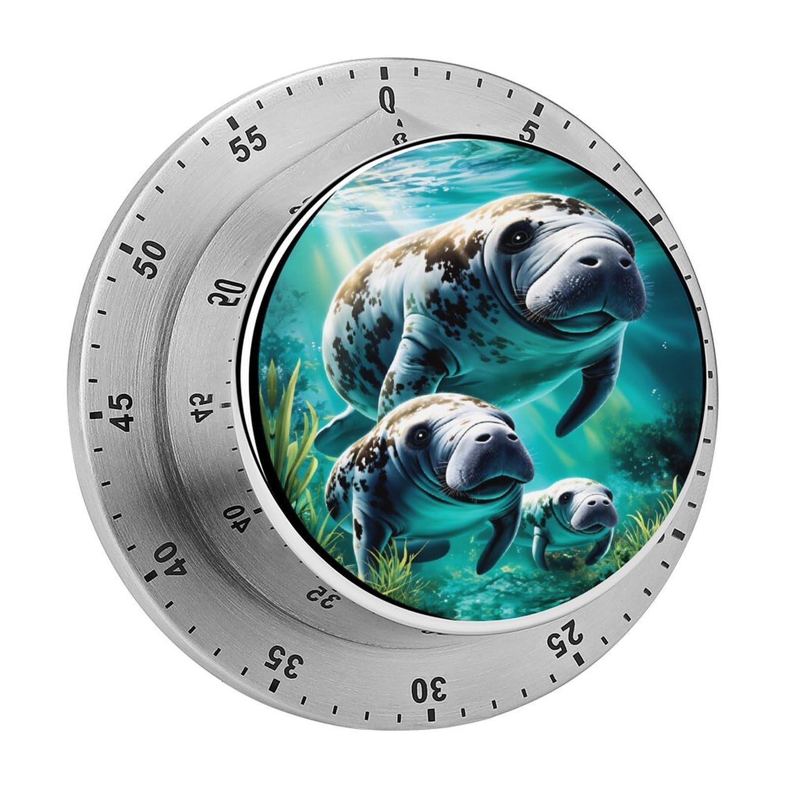 Manatee Family Underwater Ocean 60 Minute Wind Up Timer,Visual Mechanical Magnetic Timer with Loud Alarm for Kitchen