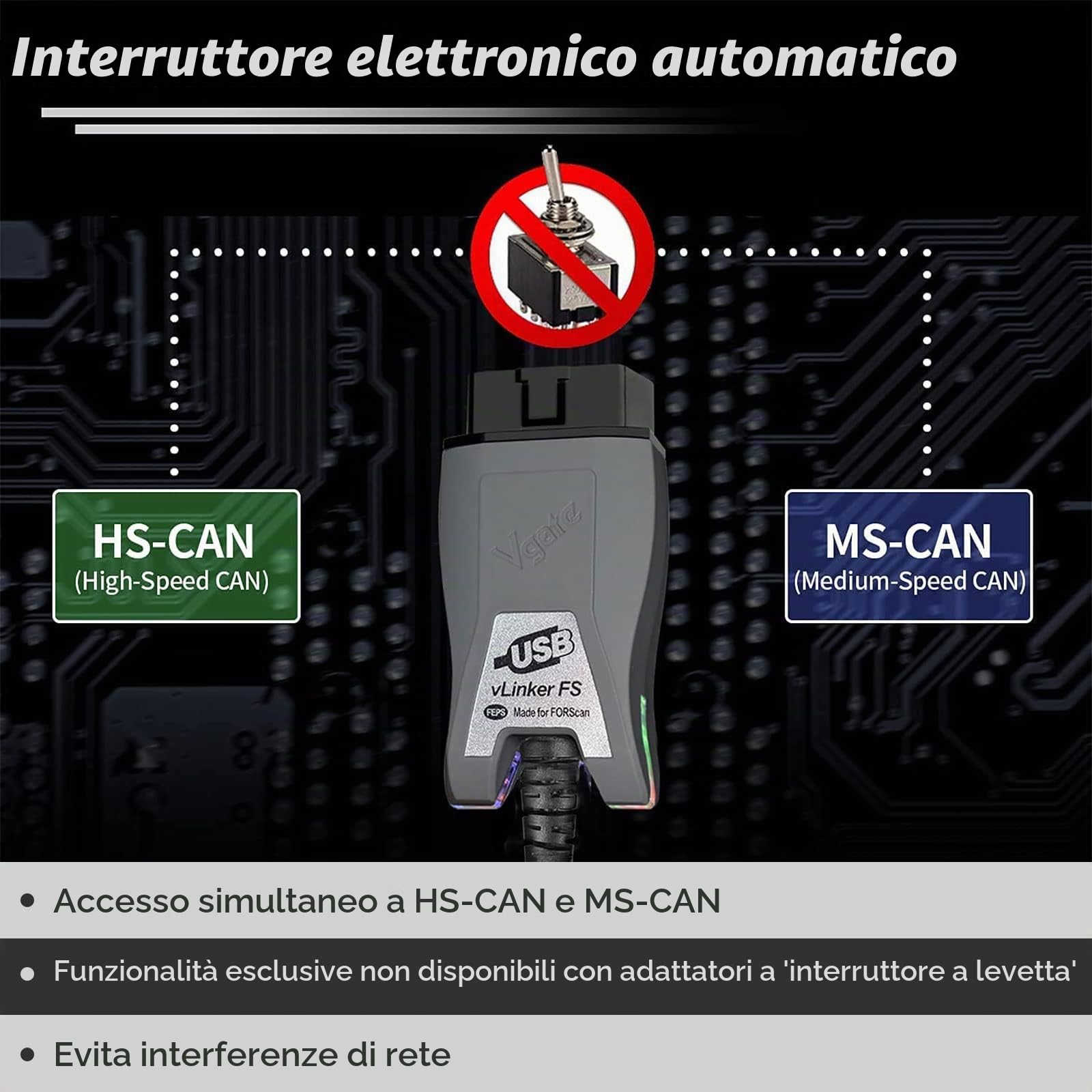 VLINKER FS Interfaccia Diagnostica OBD2 per FORScan, Adattatore USB OBDII con Commutazione Auto HS/MS-CAN, Compatibile Ford Mazda Lincoln, Tensione Programmazione FEPS 18V, Alta Velocità 3Mbps