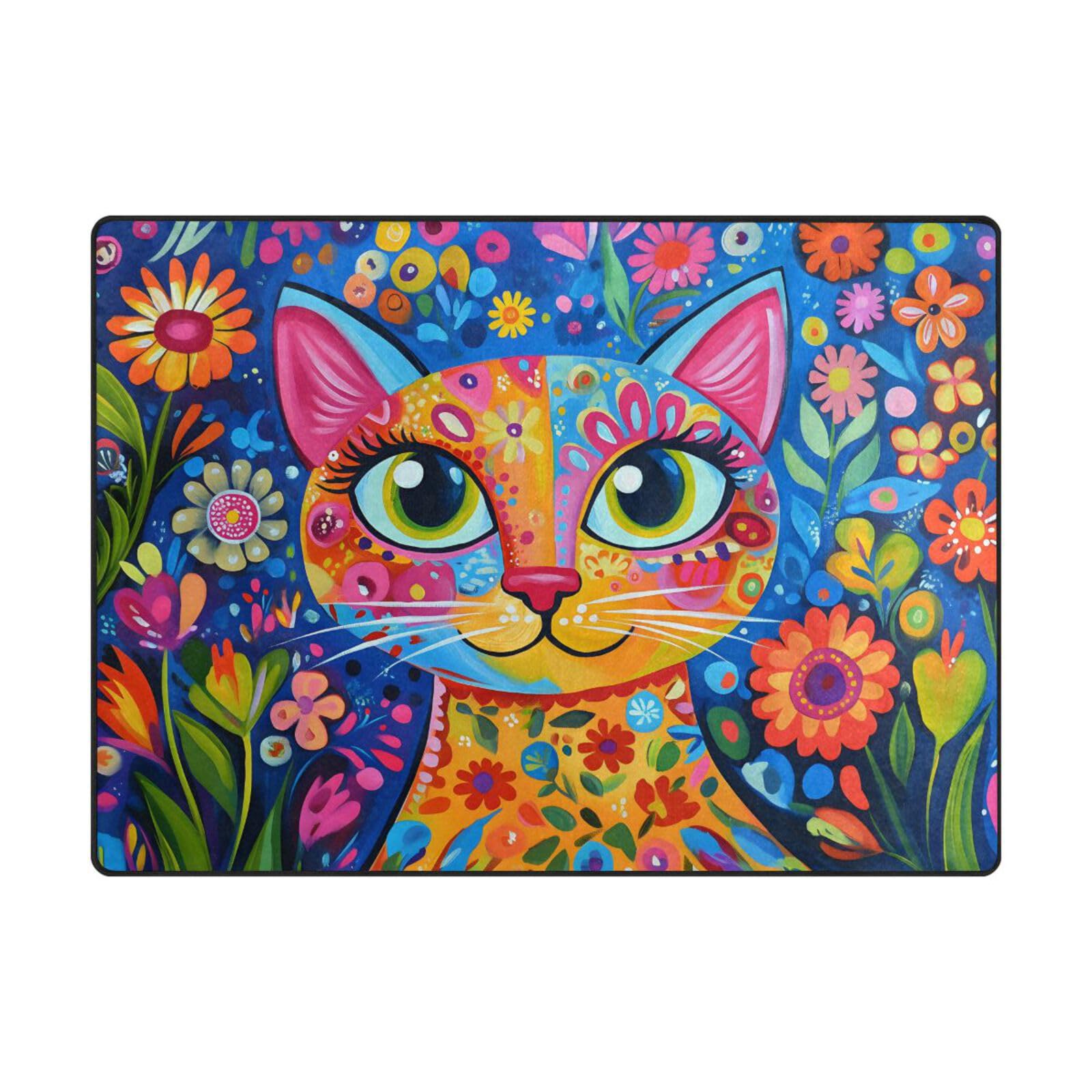 Grand tapis de sol chat coloré 203x147 cm pour salon moderne