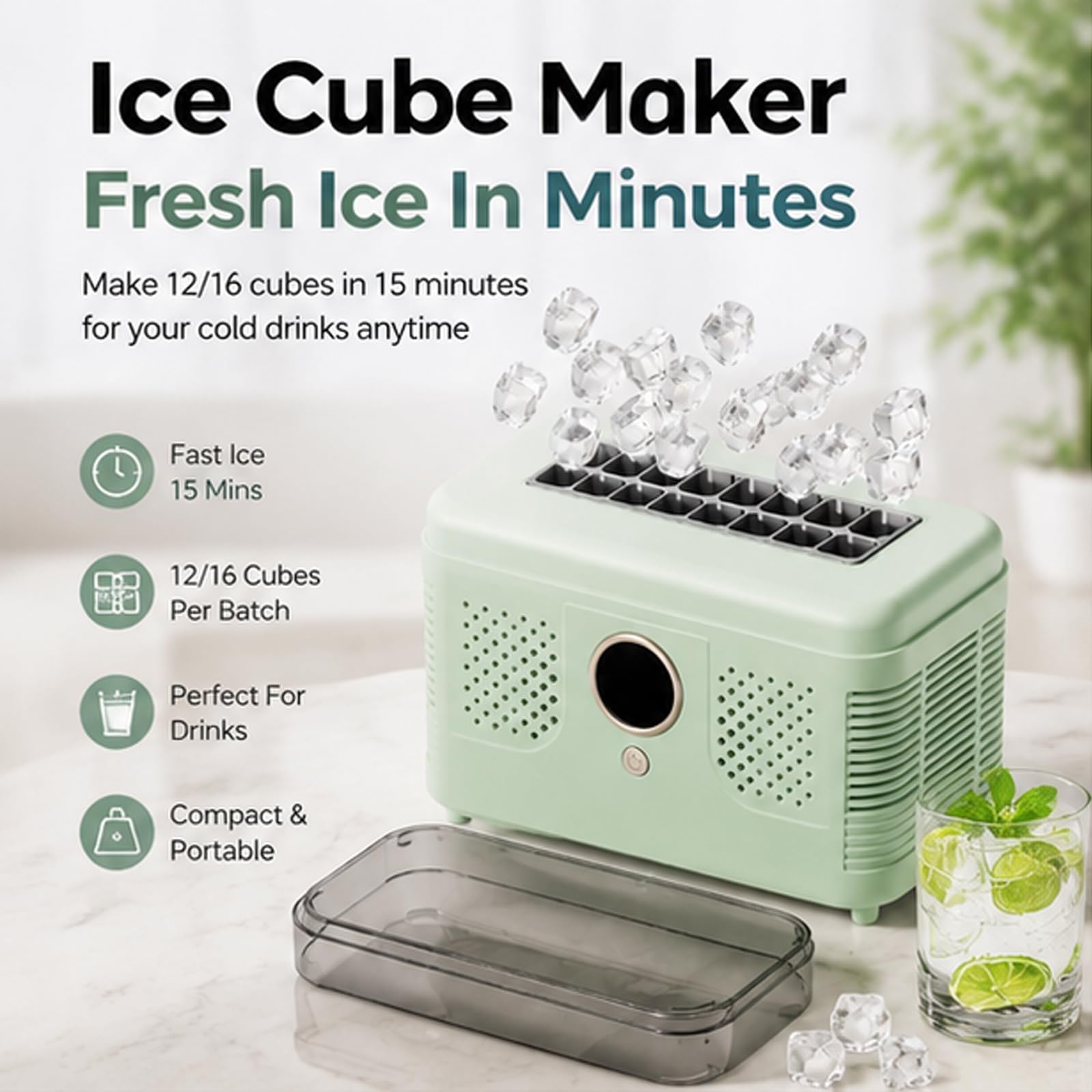 Máquina para hacer cubitos de hielo portátil con estante desmontable, mini máquina para hacer hielo automática para automóvil, 12 cubitos en 15 minutos para viajes en casa, cocina, cam green 16 cubes