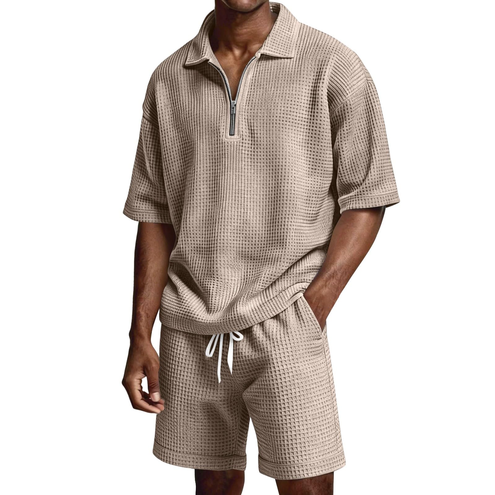 Generico Uomo Estivo Tuta Sportiva Coordinato 2 Pezzi Set Tessuto Waffle Leggero Polo e Pantaloncini Completino Palestra Abbigliamento Casual Elegante Vestiti Estivi