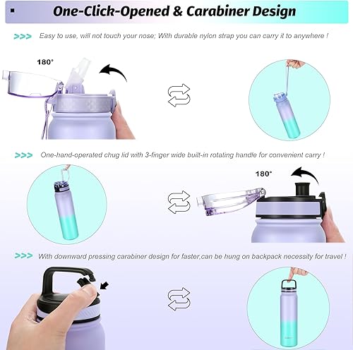 Miniatura 3 de Oldley Botella de agua aislada con pajilla, botellas de agua de acero inoxidable de 32 onzas con 3 tapas, aislamiento al vacío de doble pared