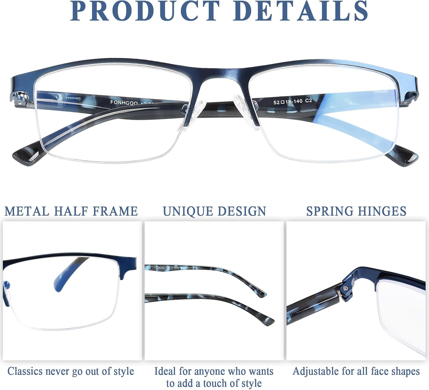 FONHCOO Bifocal Reading Glasses for Women Men, Metal Half Frame Blue Light Blocking Readers Anti UV/Glare/Eyestrain - Image 4